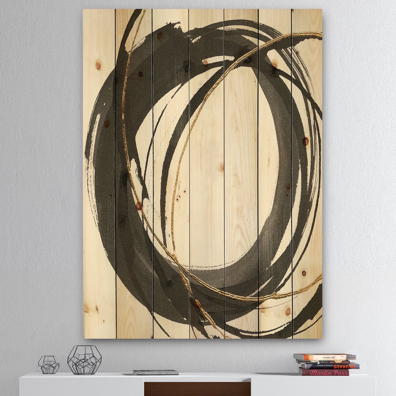 Gold Glamour Circle IV - Posh & Luxe Print on Natural Pine Wood