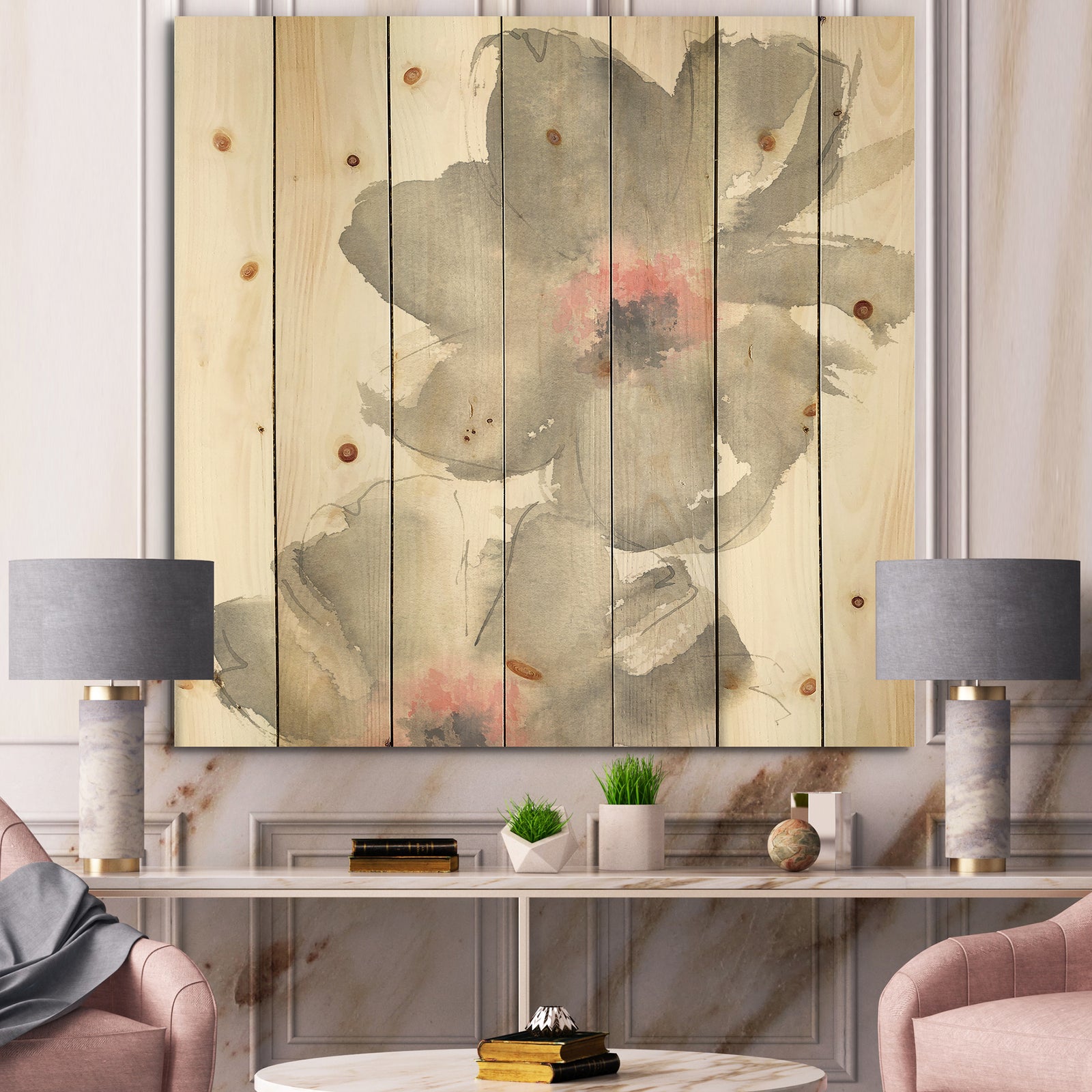 Shabby Gray Blush Cosmo I - Shabby Chic Print on Natural Pine Wood