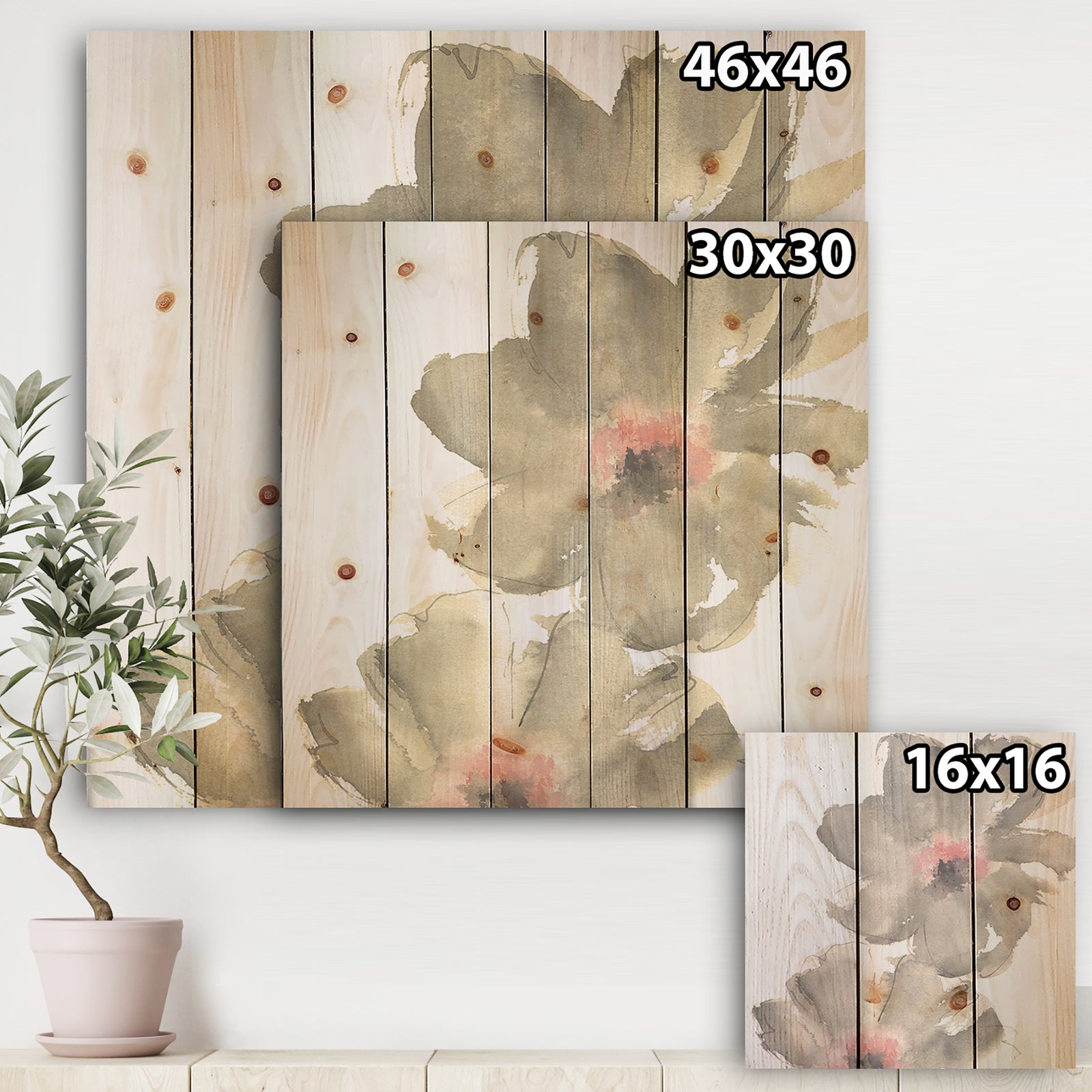 Shabby Gray Blush Cosmo I - Shabby Chic Print on Natural Pine Wood