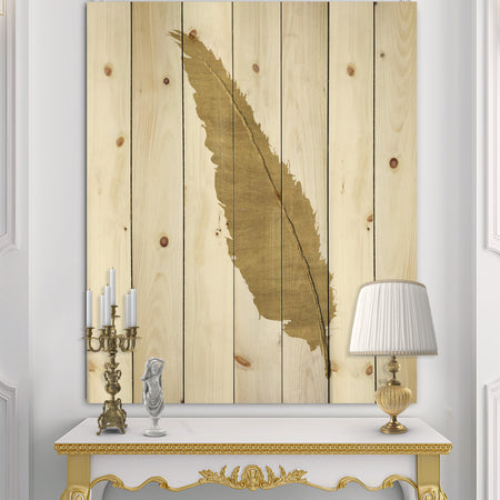 Glam pure Gold Feather I - Glam Print on Natural Pine Wood