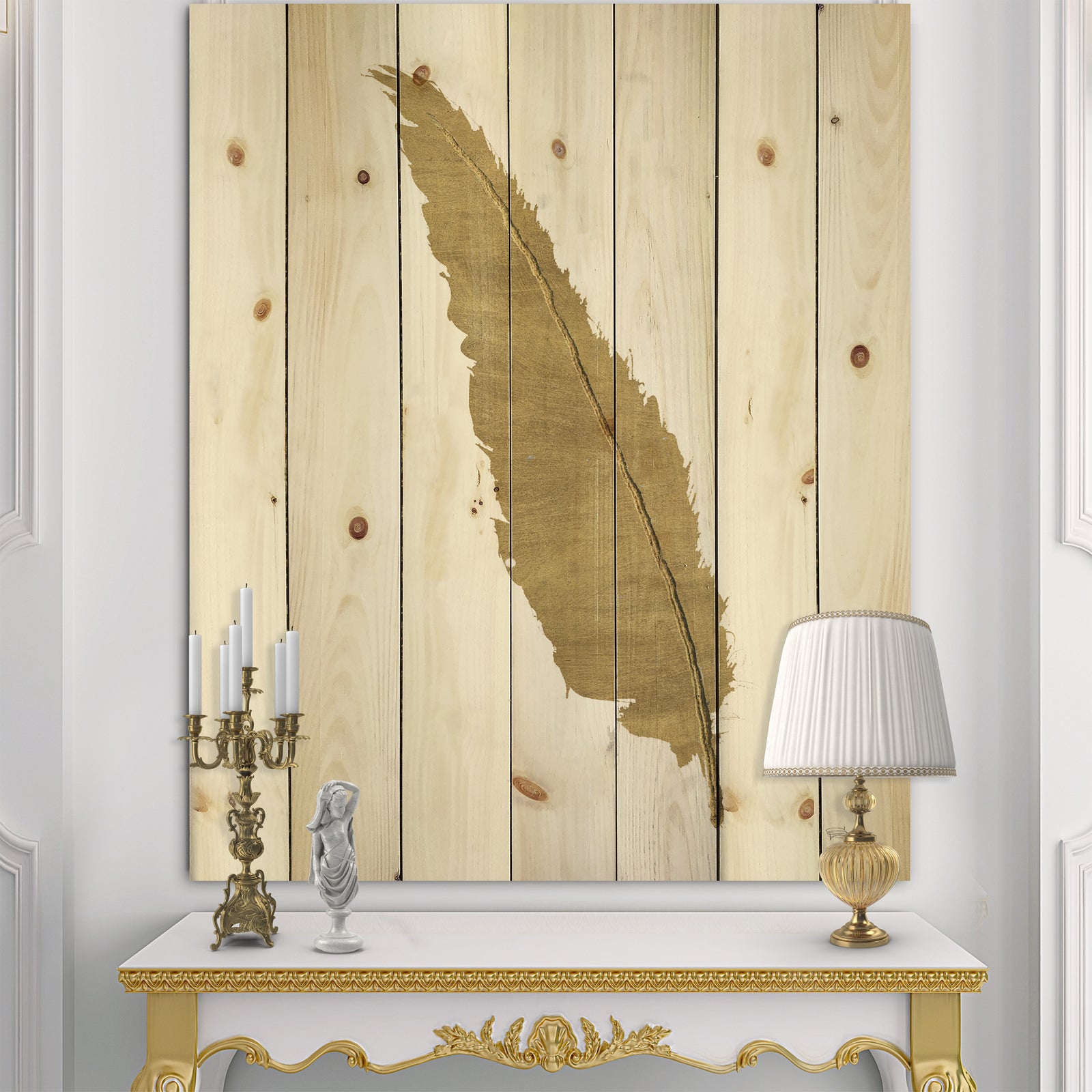 Glam pure Gold Feather I - Glam Print on Natural Pine Wood