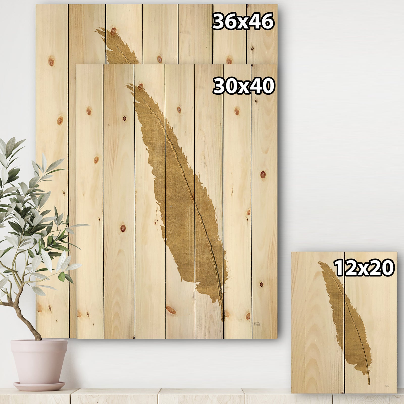 Glam pure Gold Feather I - Glam Print on Natural Pine Wood