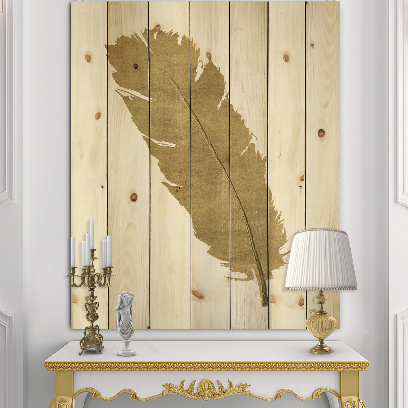 Glam pure Gold Feather II - Glam Print on Natural Pine Wood