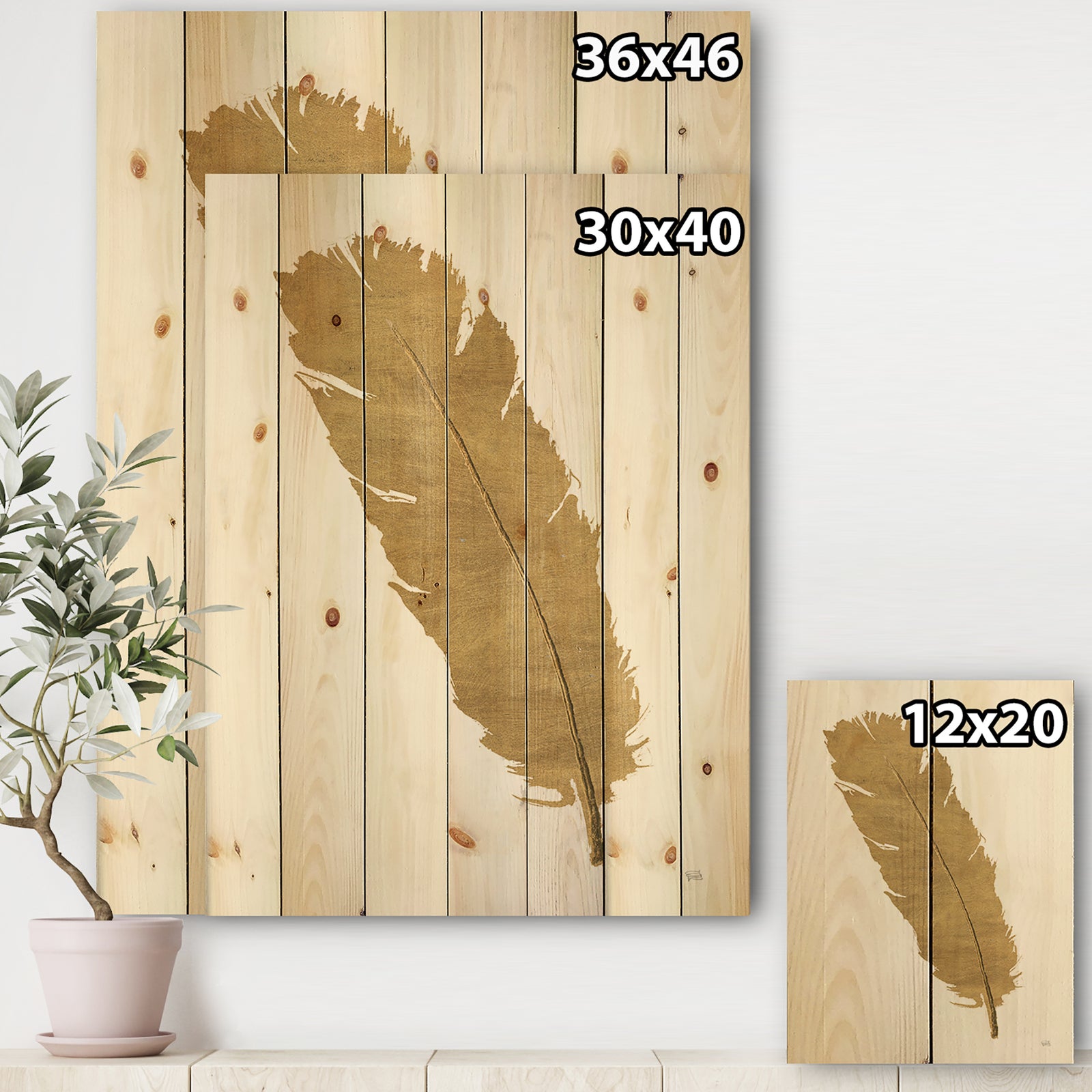 Glam pure Gold Feather II - Glam Print on Natural Pine Wood