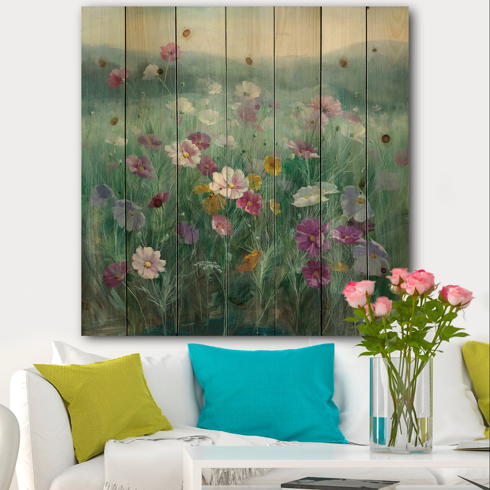 Flower field - Floral Farmhouse Print on Natural Pine Wood