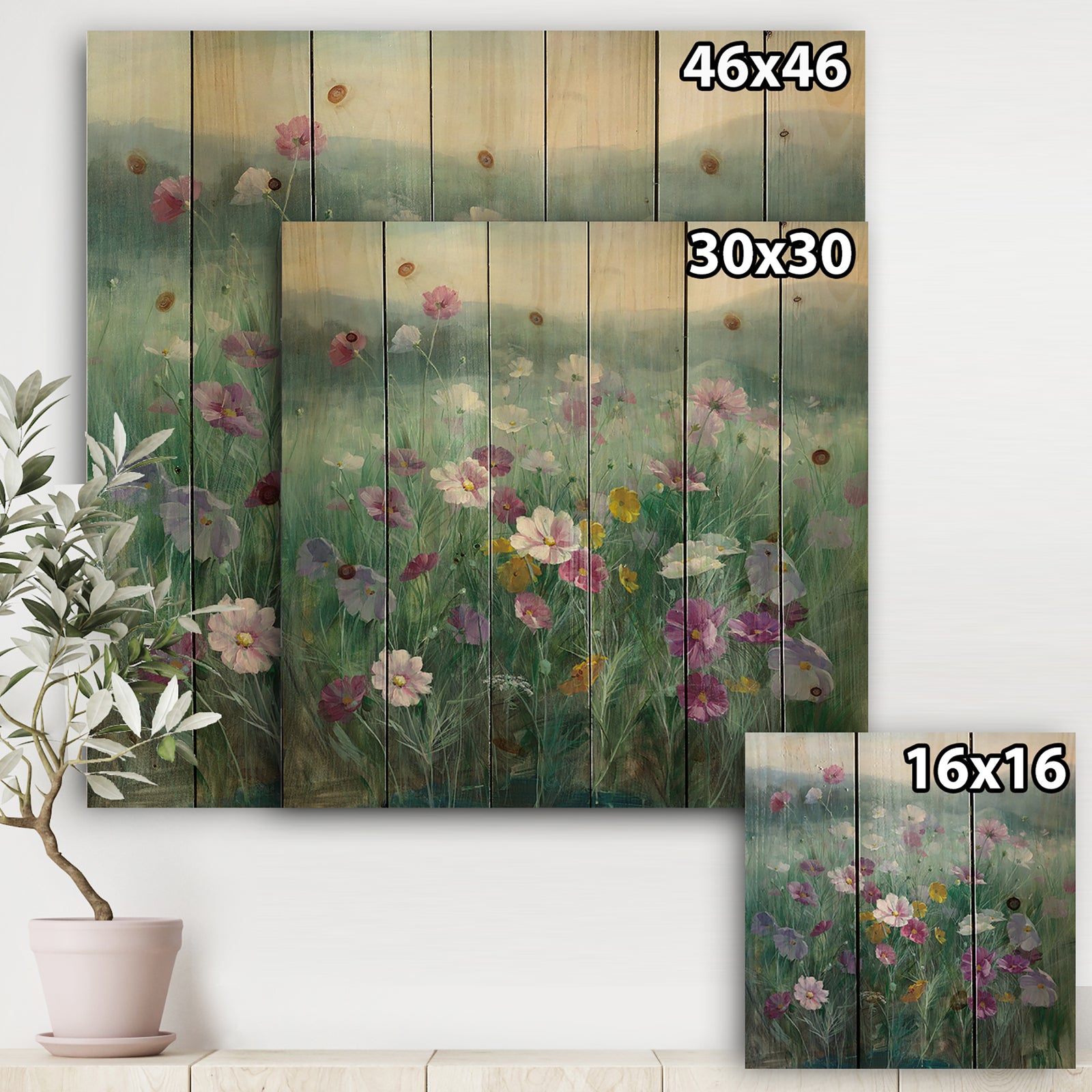 Flower field - Floral Farmhouse Print on Natural Pine Wood
