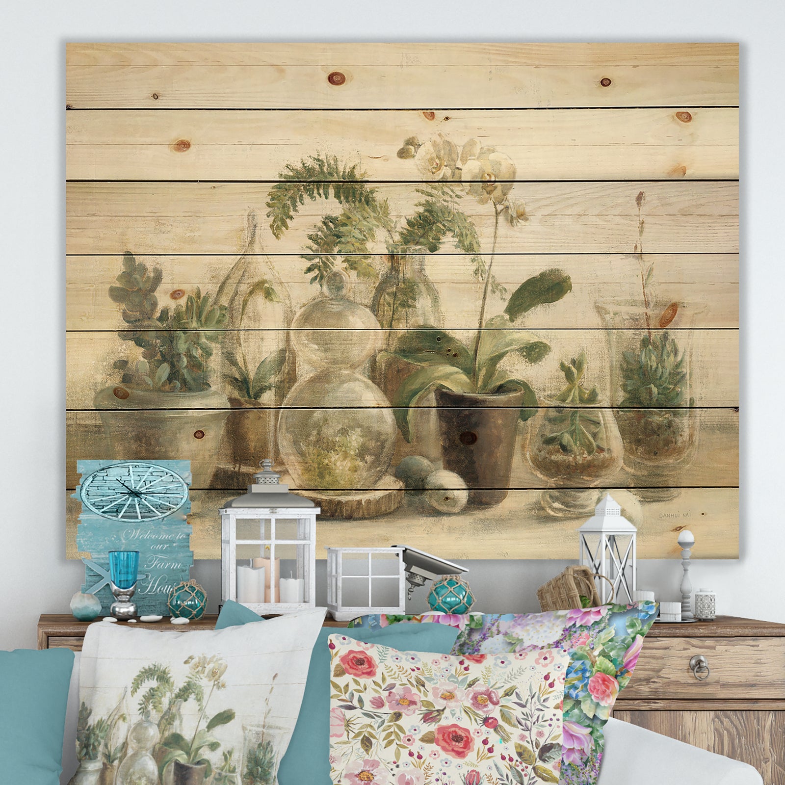 Greenhouse Orchids - Floral Cottage Print on Natural Pine Wood