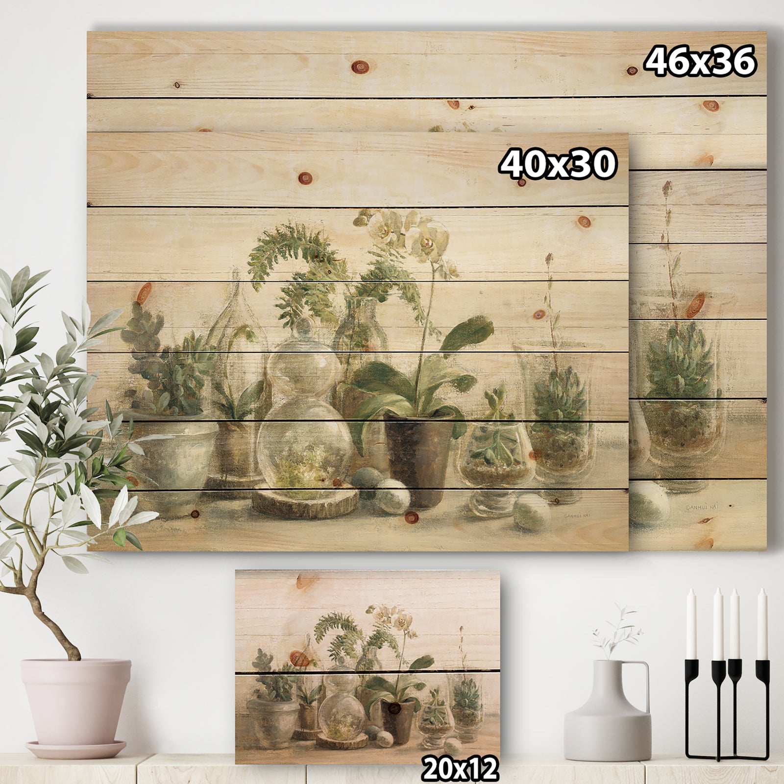Greenhouse Orchids - Floral Cottage Print on Natural Pine Wood