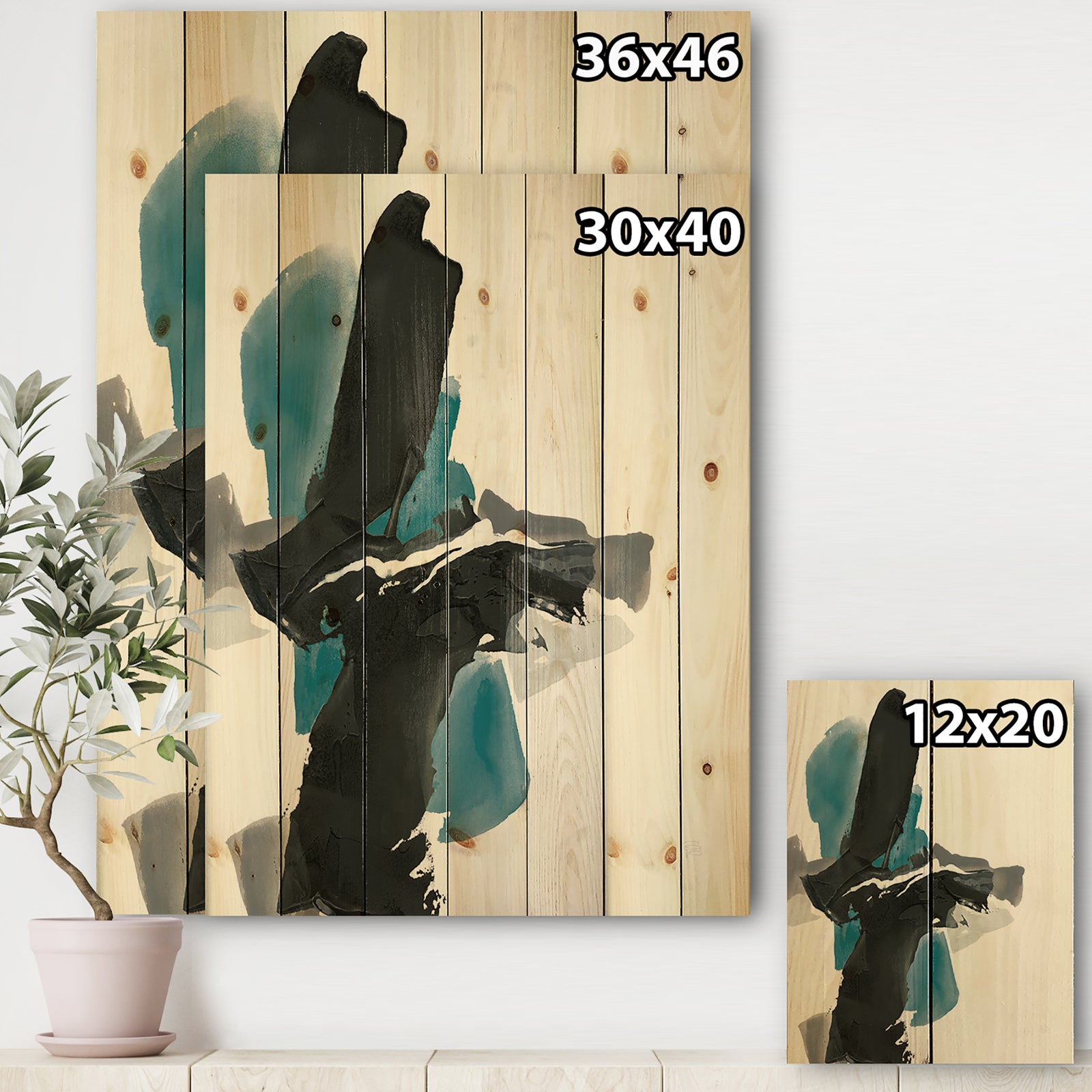 Geometric Black and Teal IV - Modern & Contemporary Print on Natural Pine Wood