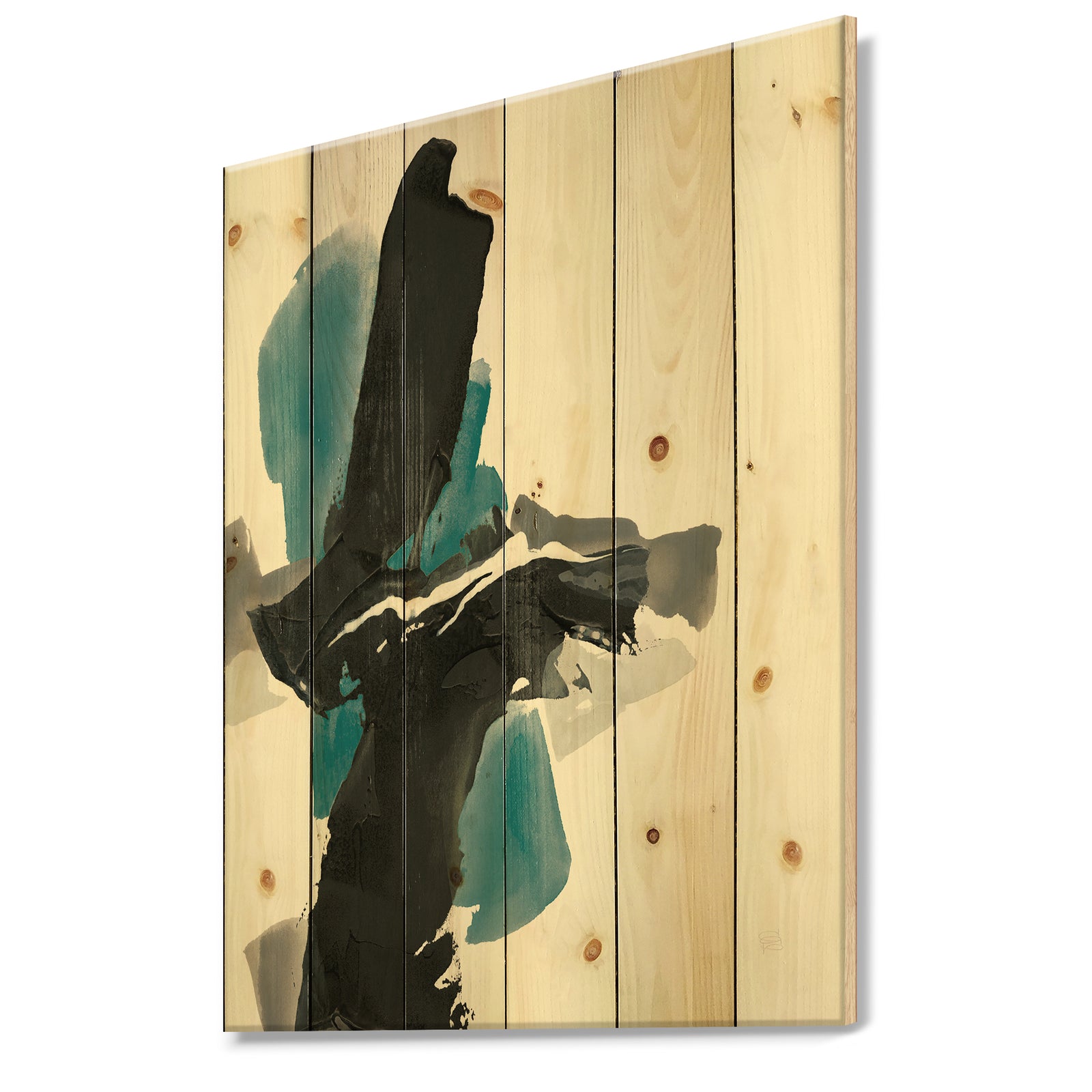 Geometric Black and Teal IV - Modern & Contemporary Print on Natural Pine Wood