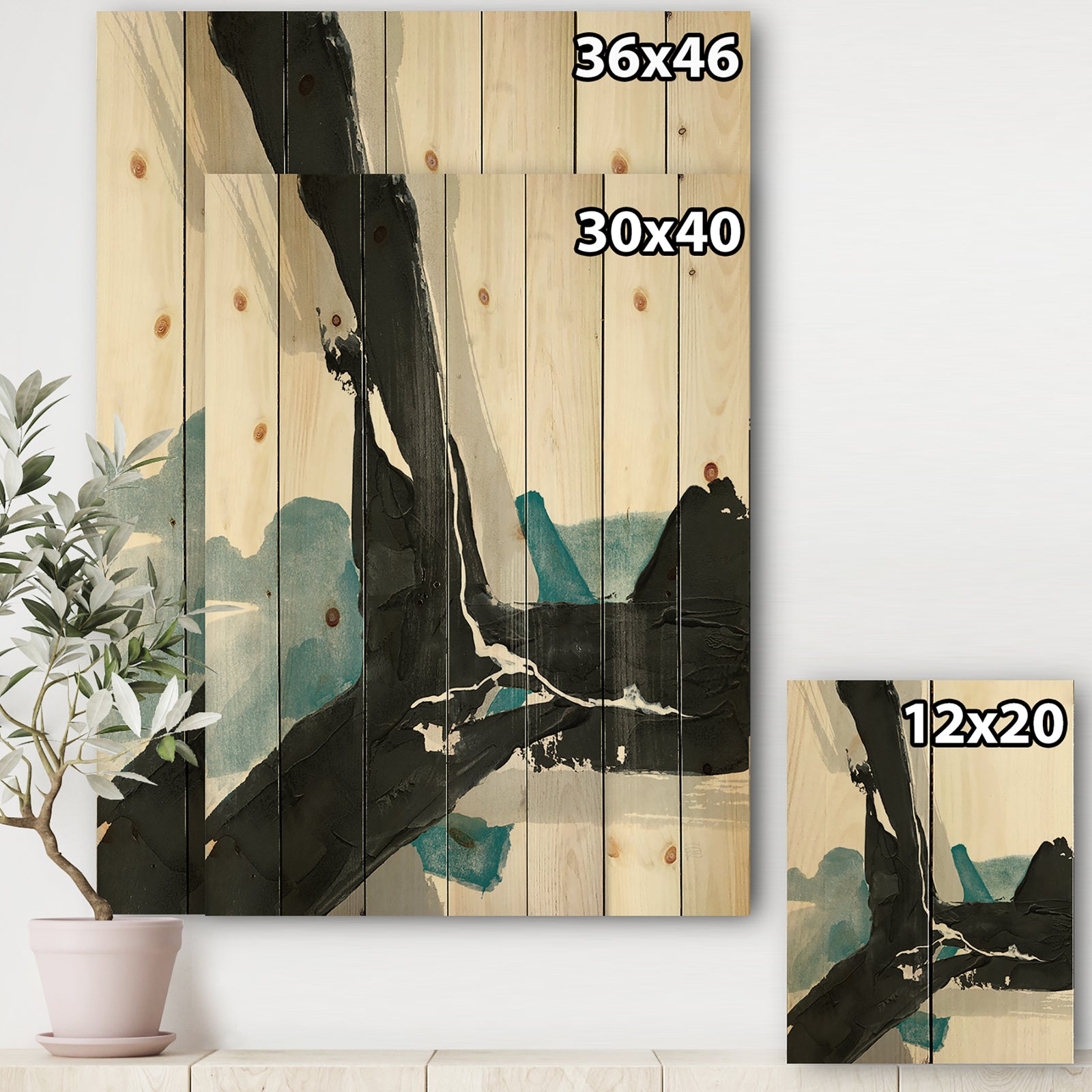 Geometric Black and Teal III - Modern & Contemporary Print on Natural Pine Wood