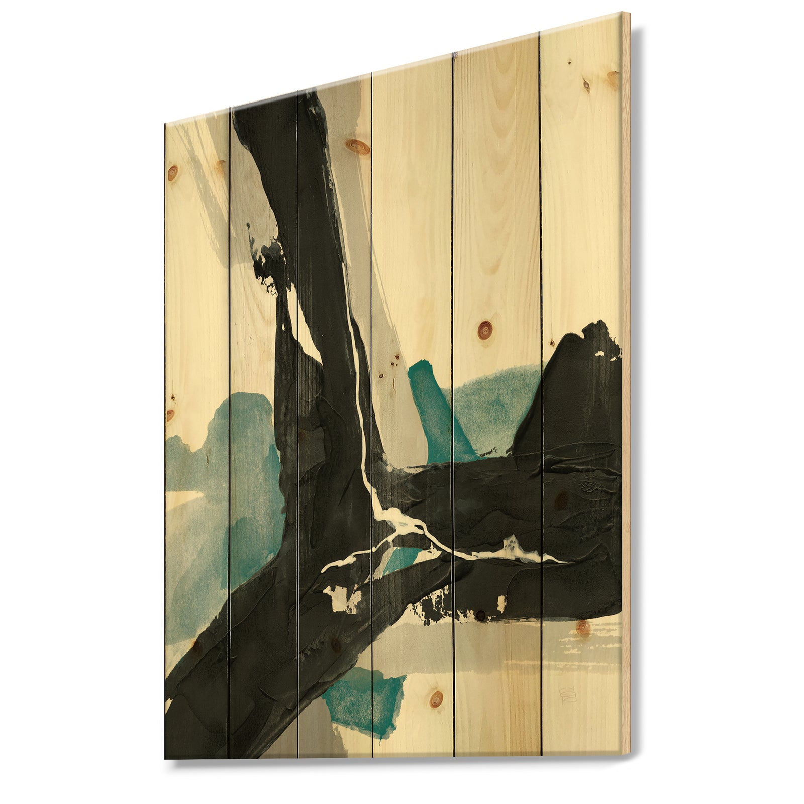Geometric Black and Teal III - Modern & Contemporary Print on Natural Pine Wood