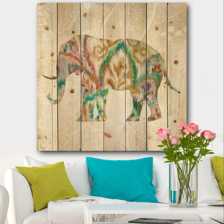 Boho Paisley Elephant II vII - Bohemian & Eclectic Print on Natural Pine Wood