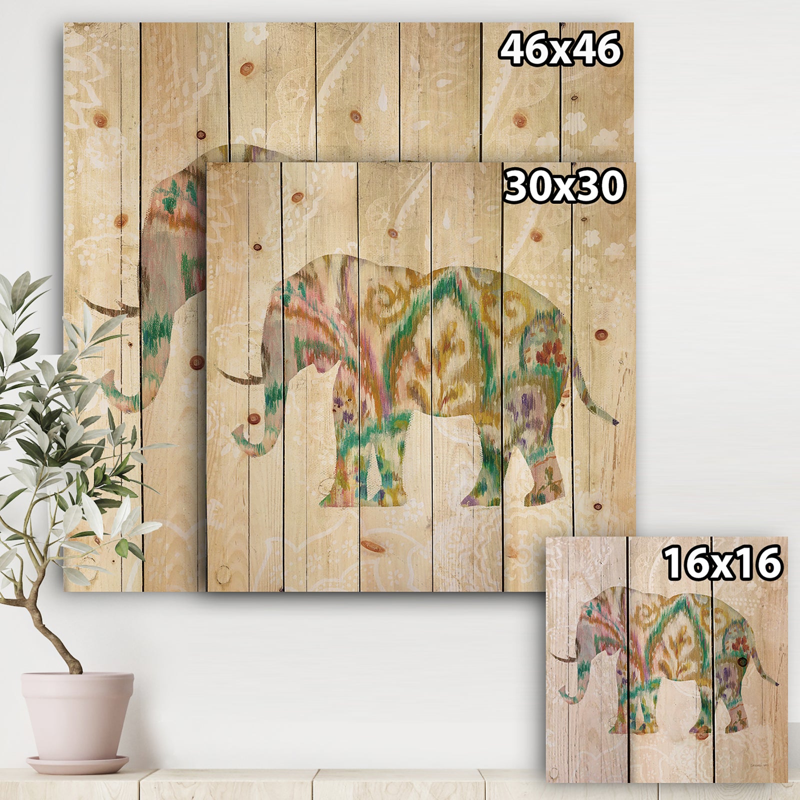 Boho Paisley Elephant II vII - Bohemian & Eclectic Print on Natural Pine Wood