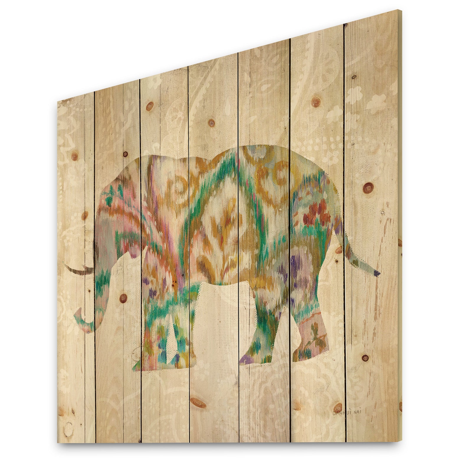 Boho Paisley Elephant II vII - Bohemian & Eclectic Print on Natural Pine Wood