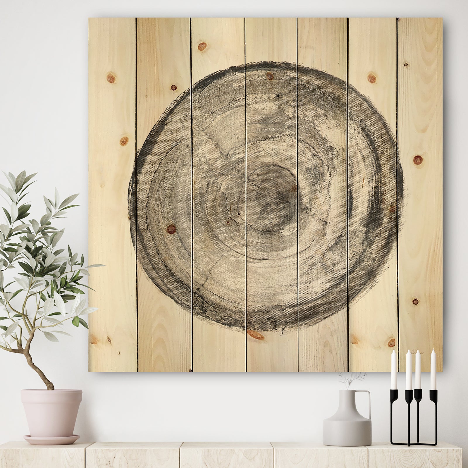 Circle natural elements III - Farmhouse Print on Natural Pine Wood
