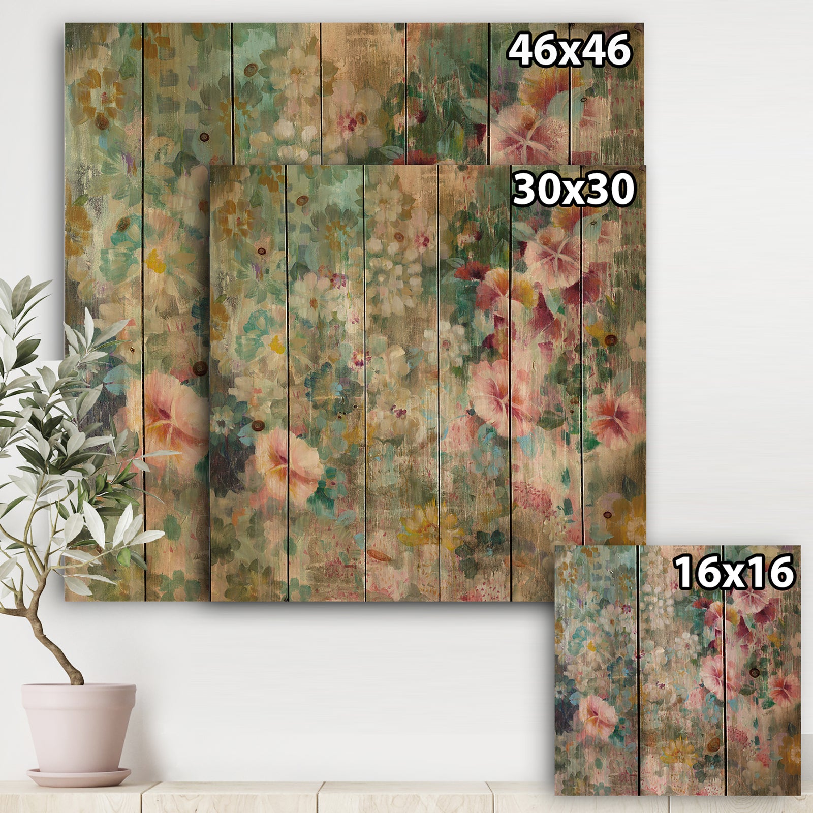 Flower Shower III - Farmhouse Print on Natural Pine Wood