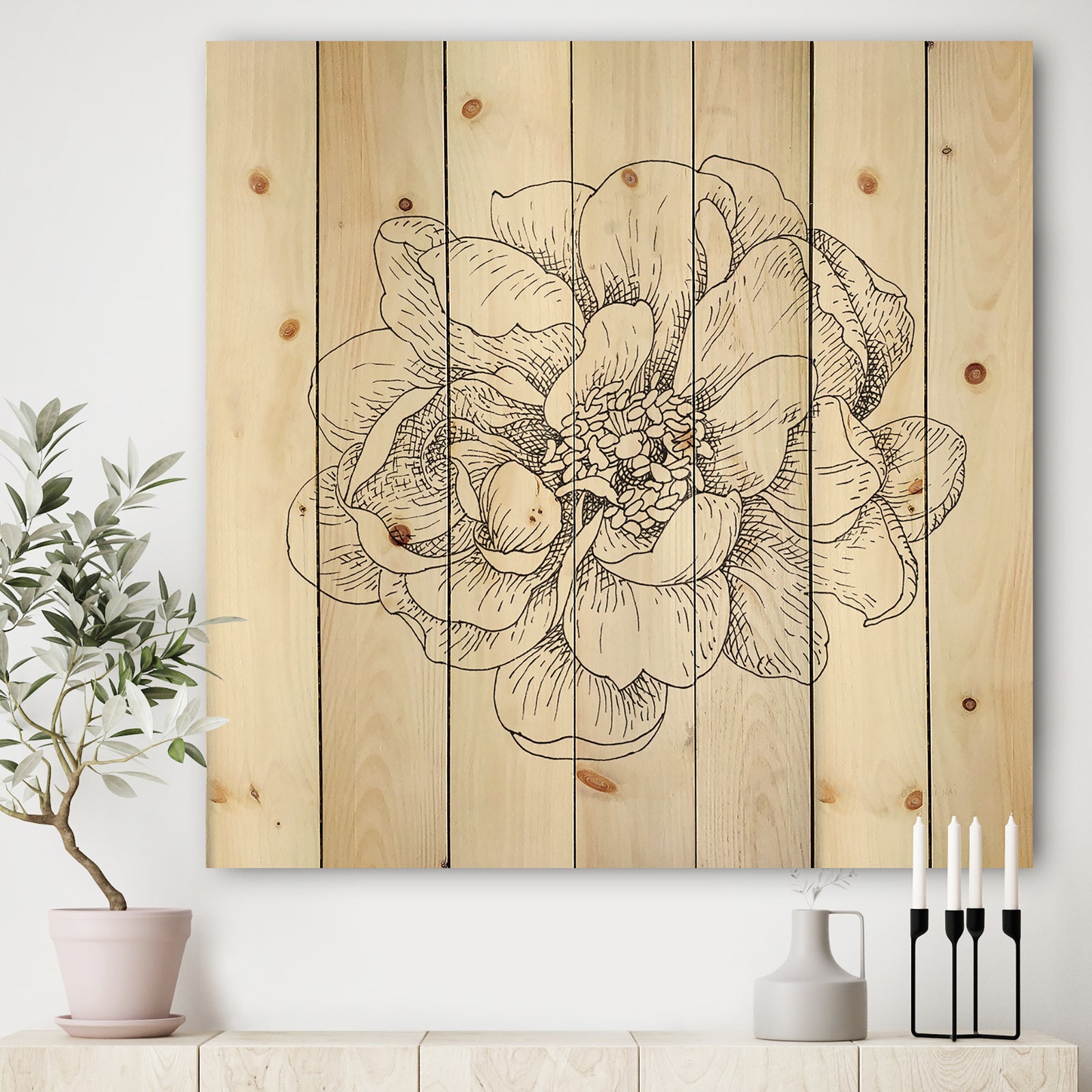 Pen and Ink Florals IV - Farmhouse Print on Natural Pine Wood
