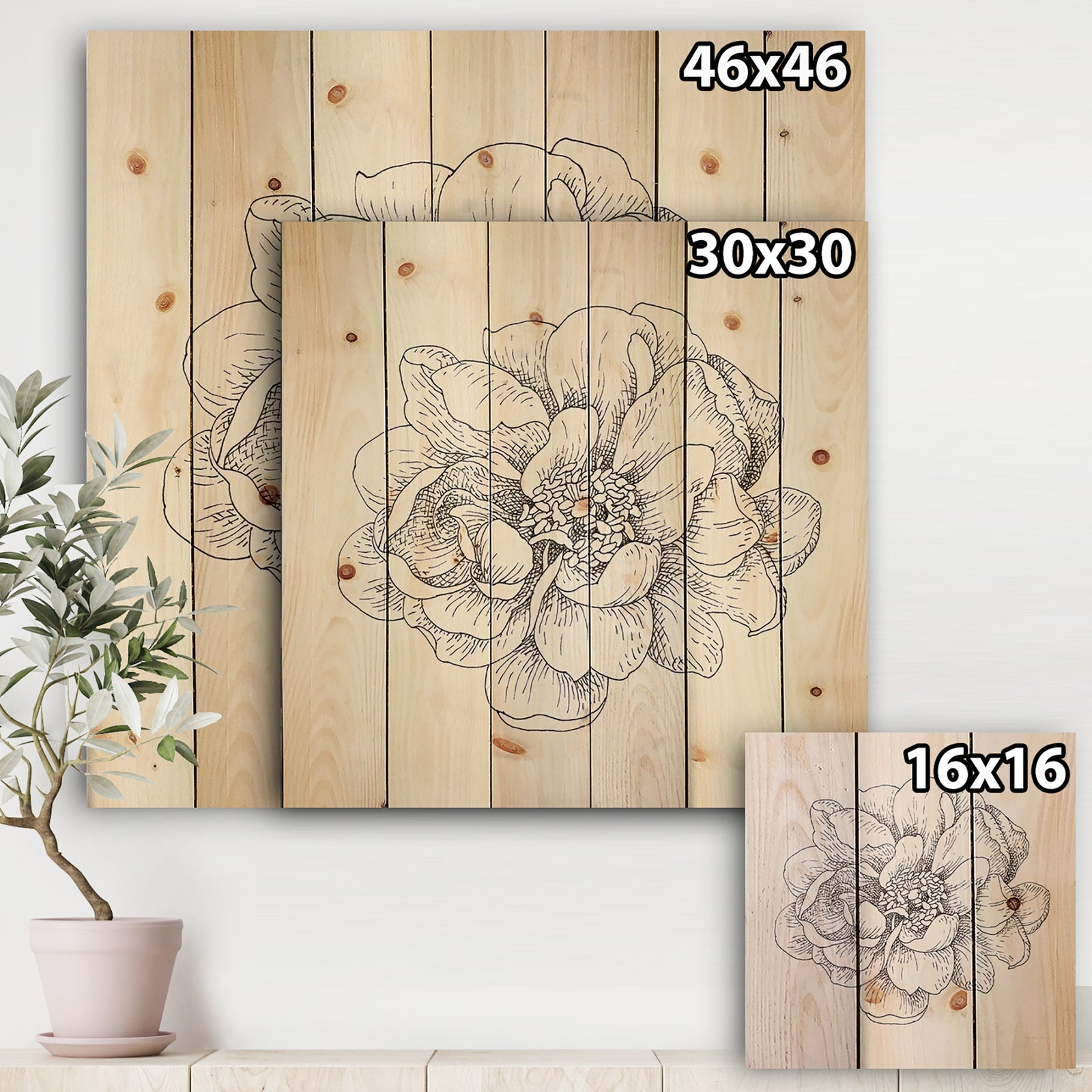 Pen and Ink Florals IV - Farmhouse Print on Natural Pine Wood