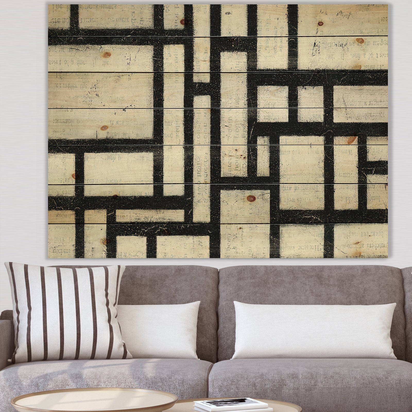 Black and White Labyrinth geometric - Mid-Century Modern Print on Natural Pine Wood