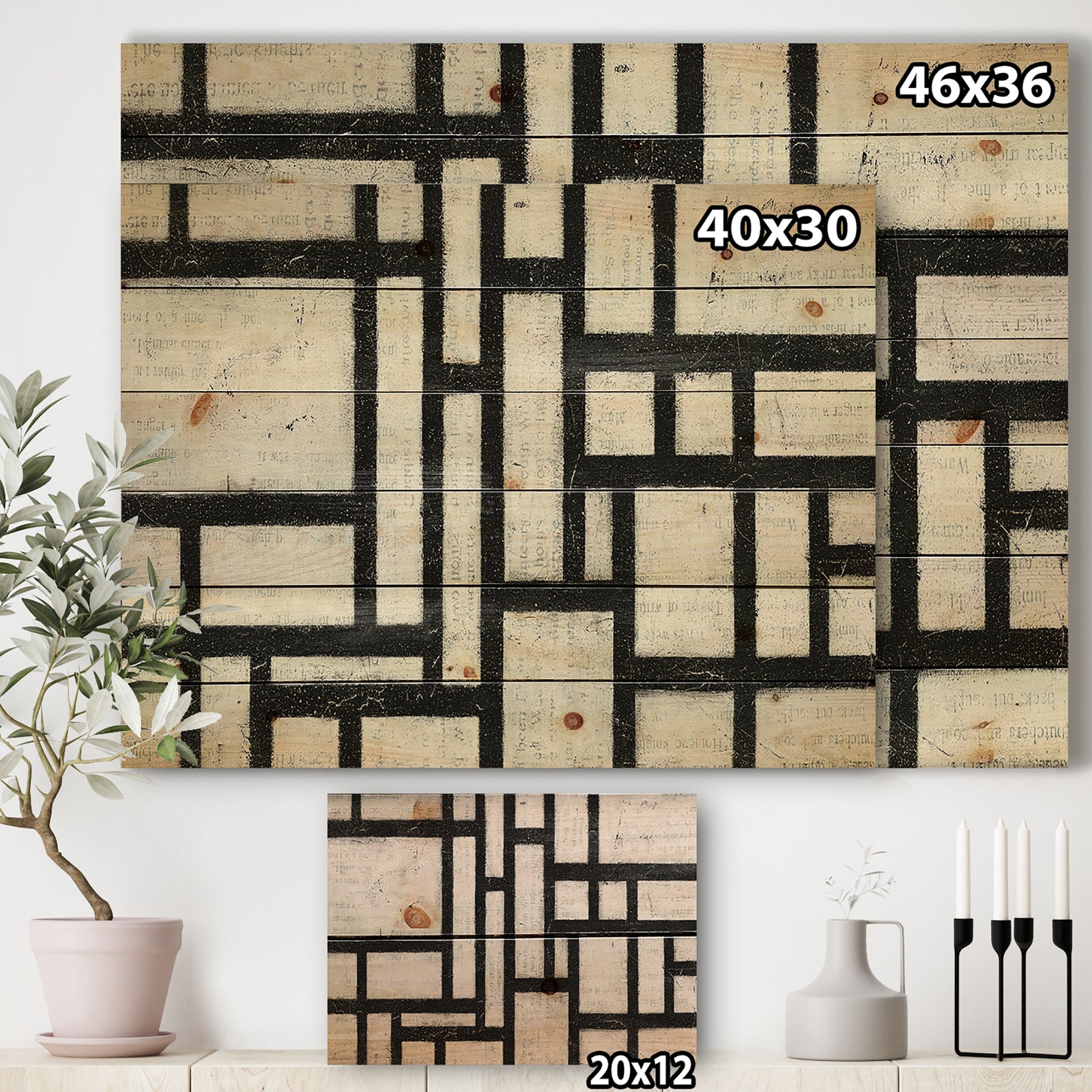 Black and White Labyrinth geometric - Mid-Century Modern Print on Natural Pine Wood