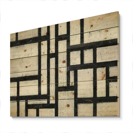 Black and White Labyrinth geometric - Mid-Century Modern Print on Natural Pine Wood