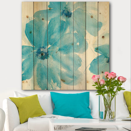 Blue Watercolor Flowers - Farmhouse Print on Natural Pine Wood