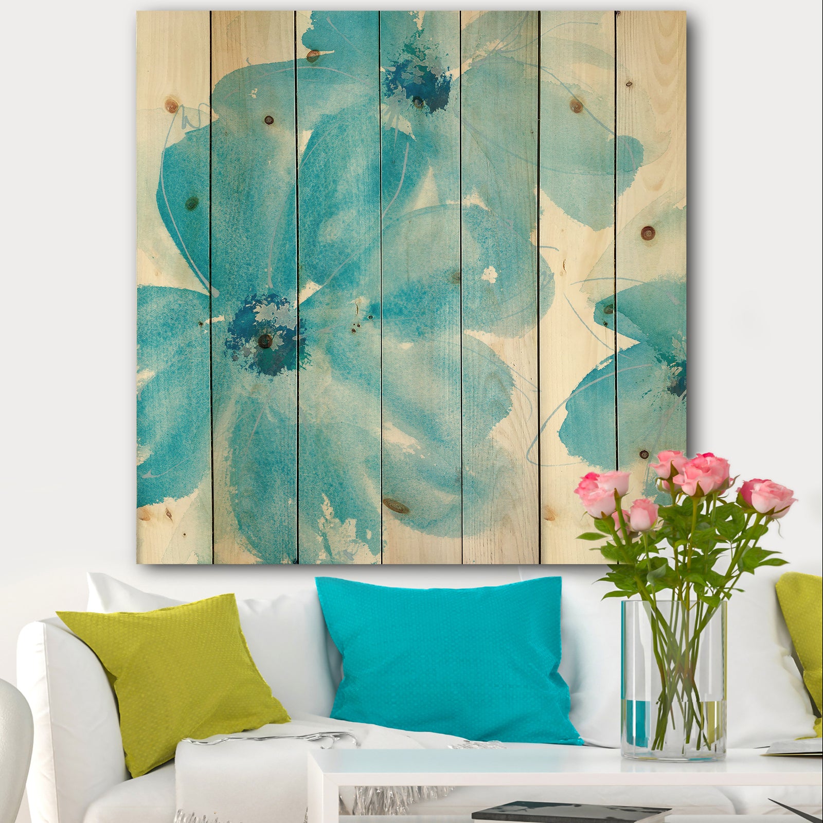 Blue Watercolor Flowers - Farmhouse Print on Natural Pine Wood