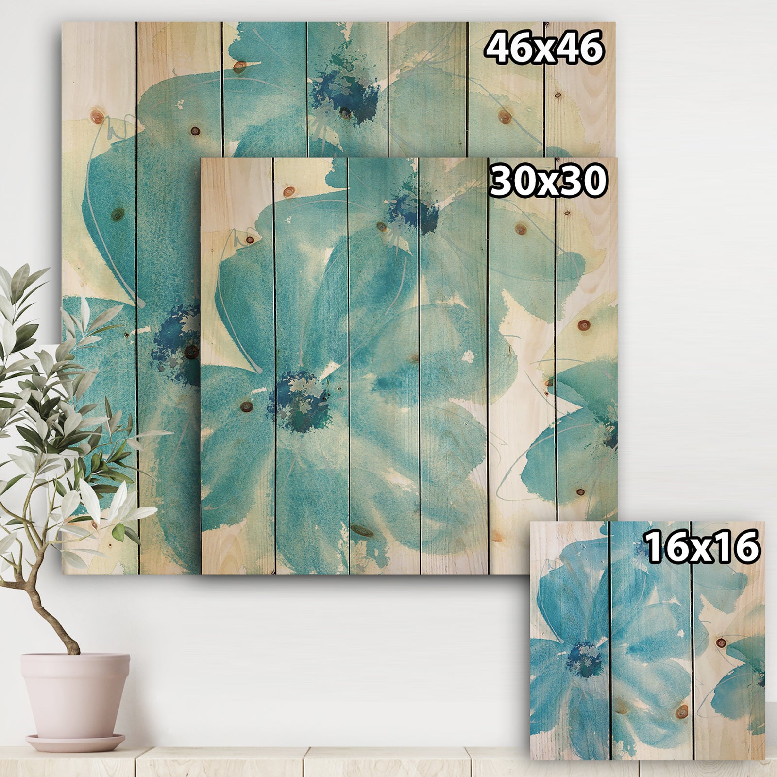 Blue Watercolor Flowers - Farmhouse Print on Natural Pine Wood