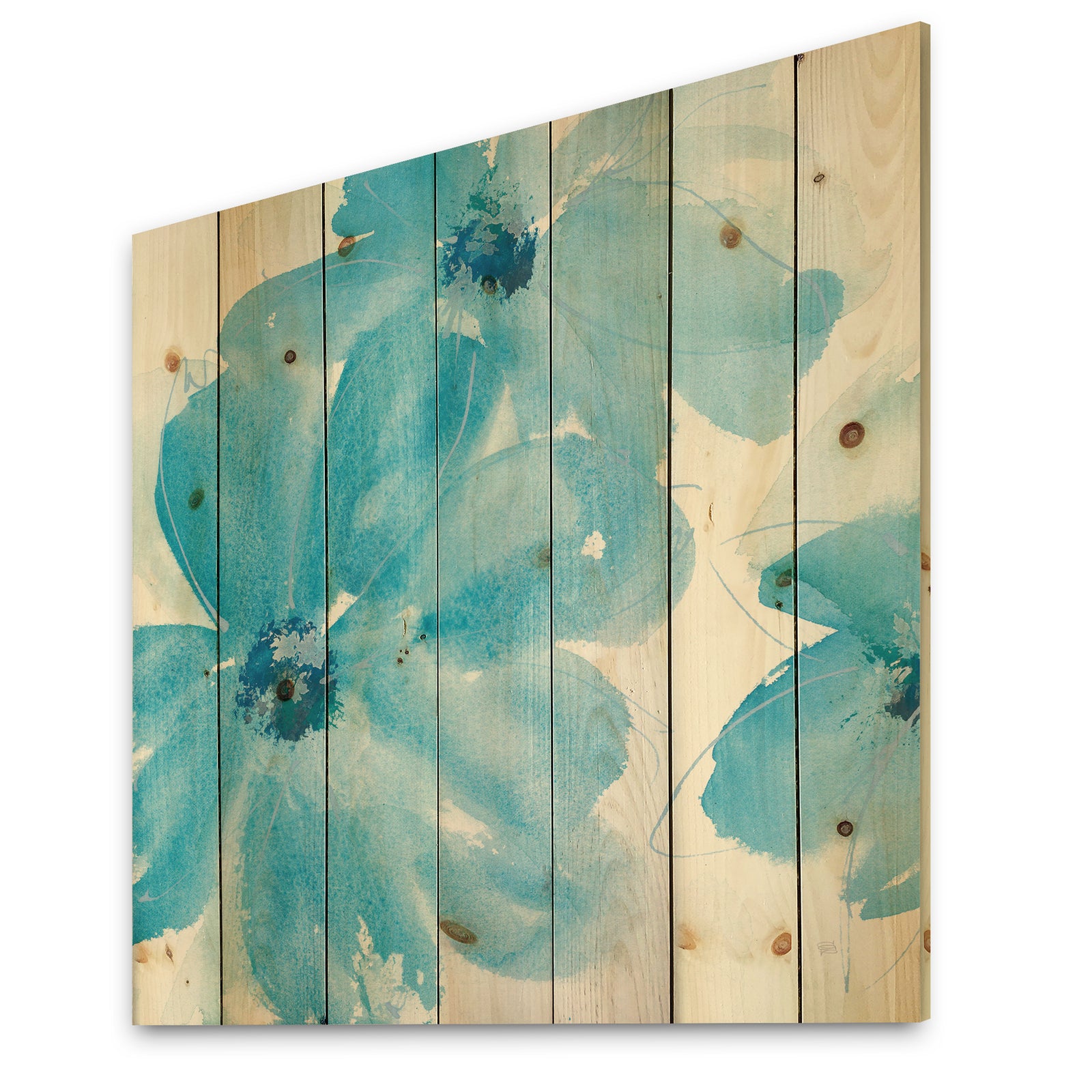 Blue Watercolor Flowers - Farmhouse Print on Natural Pine Wood