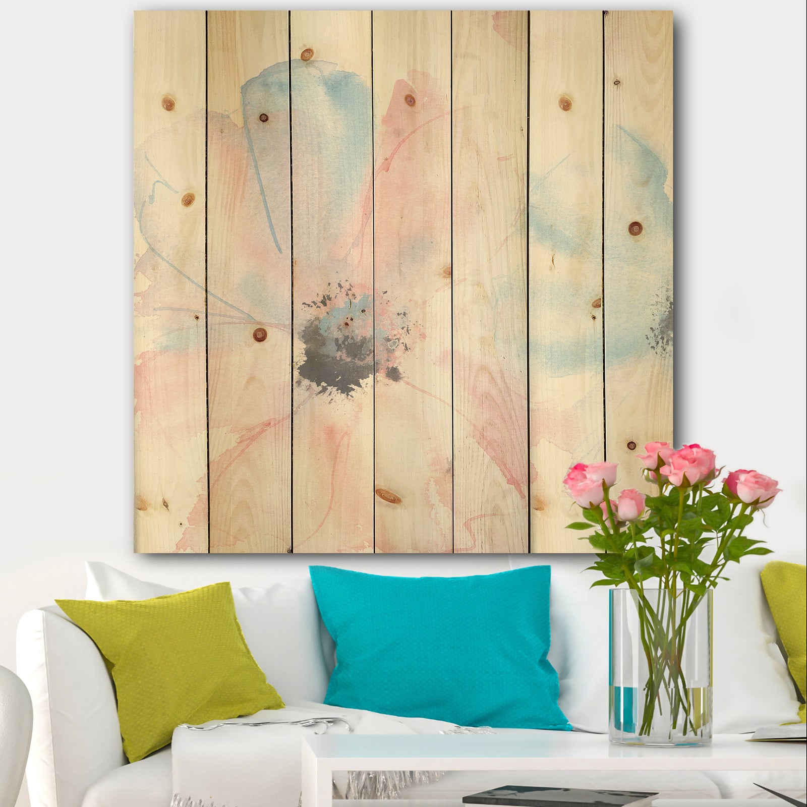 Pink Shabby Floral I - Shabby Chic Print on Natural Pine Wood