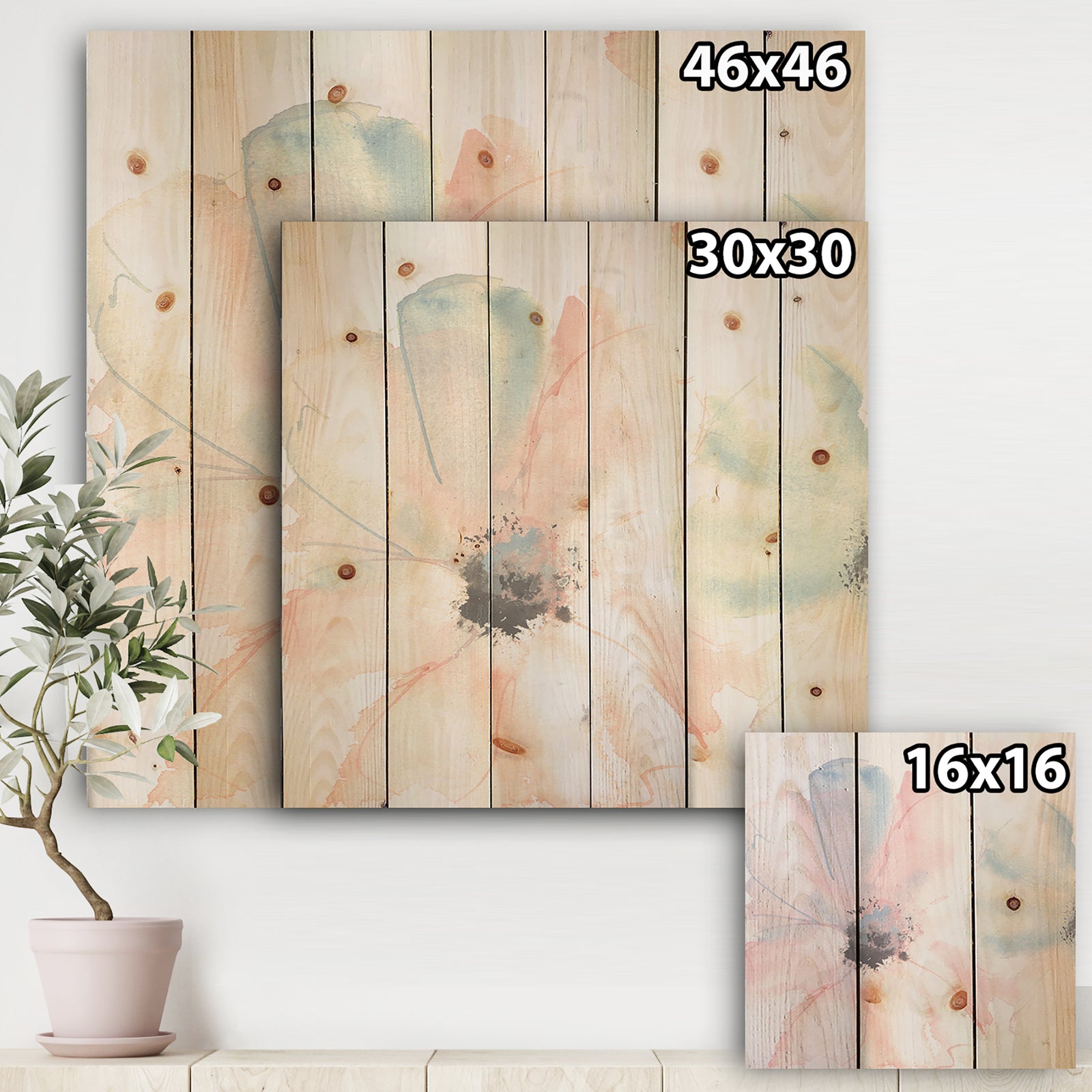 Pink Shabby Floral I - Shabby Chic Print on Natural Pine Wood