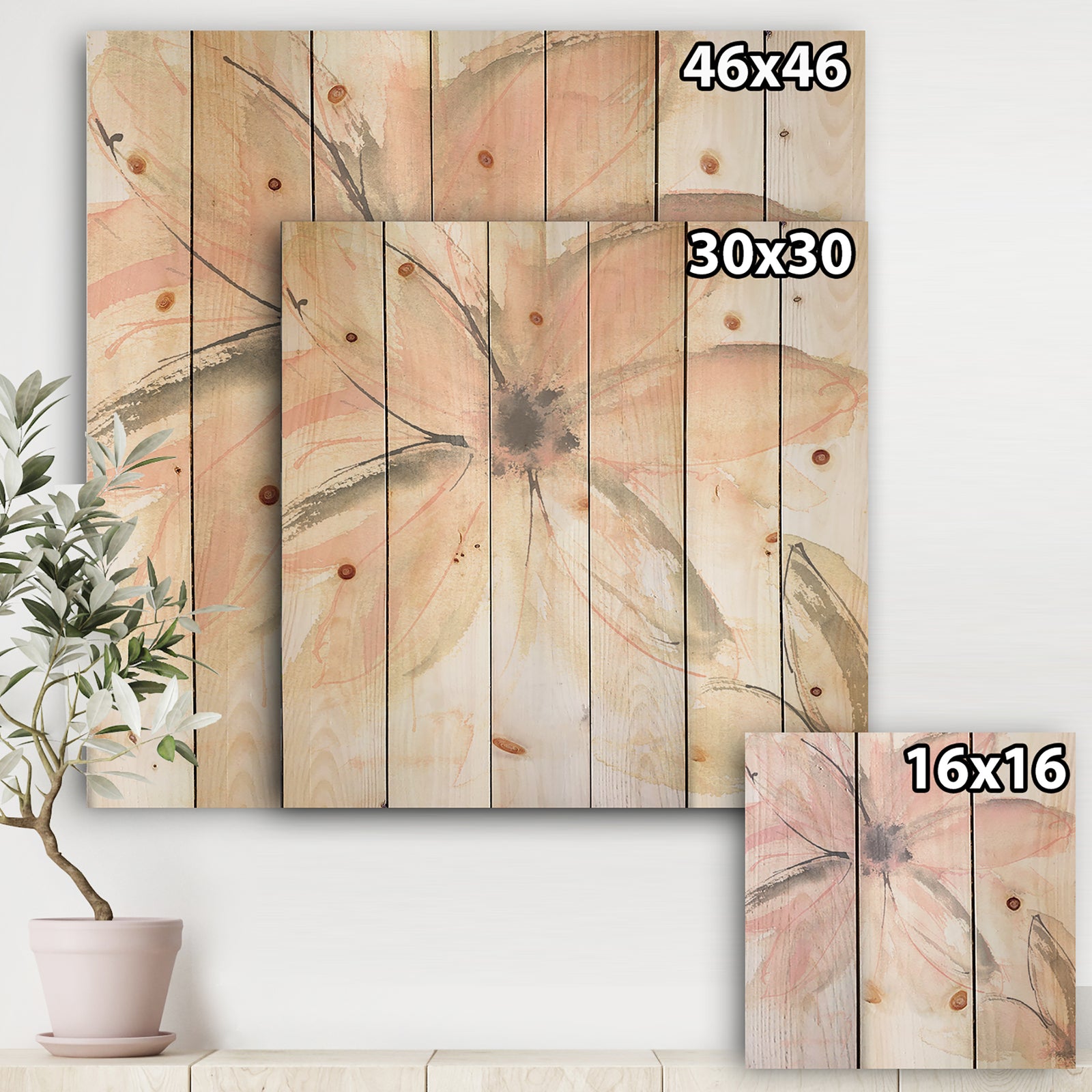 Pink Shabby Floral II - Shabby Chic Print on Natural Pine Wood