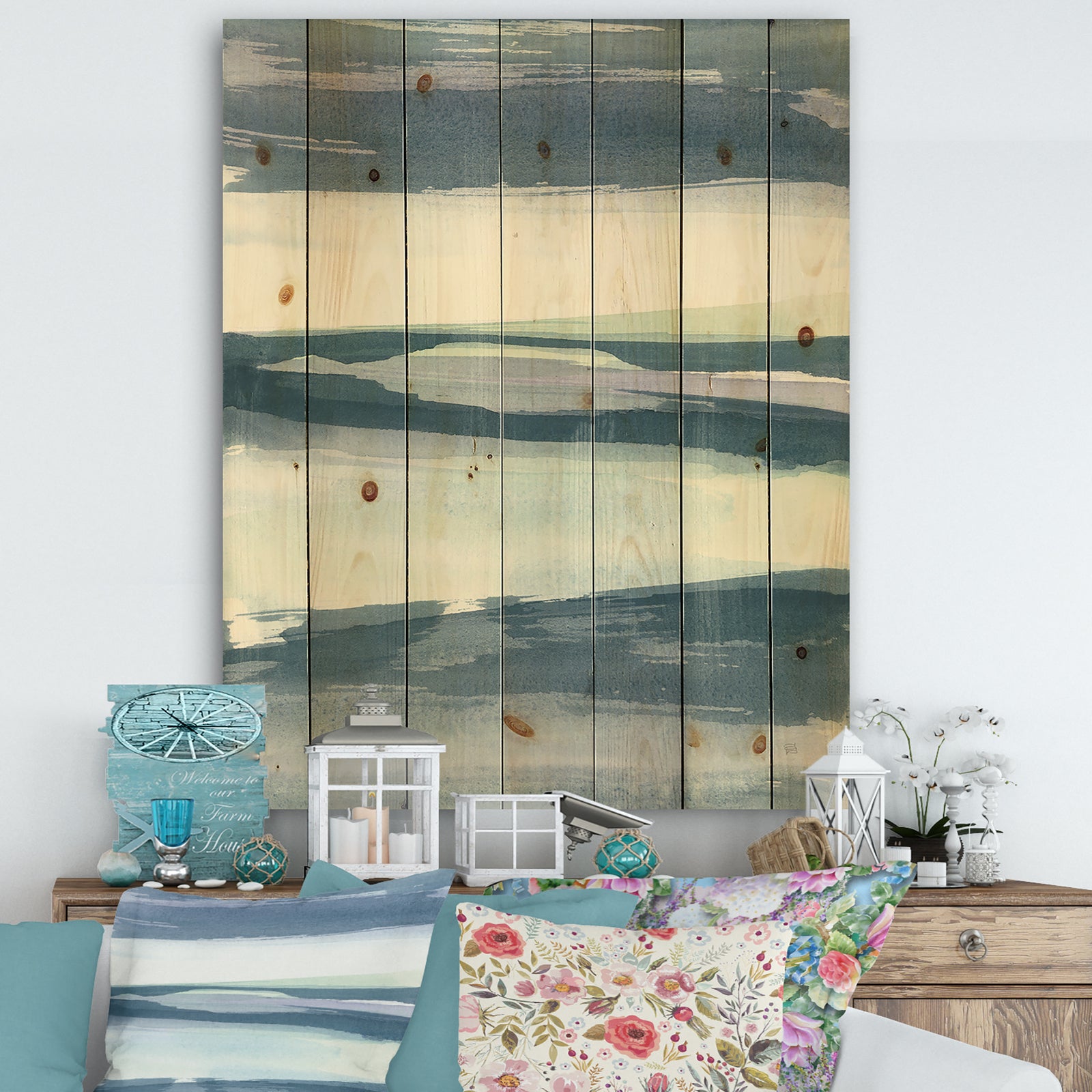 Mint Indigo Dawn II - Farmhouse Print on Natural Pine Wood