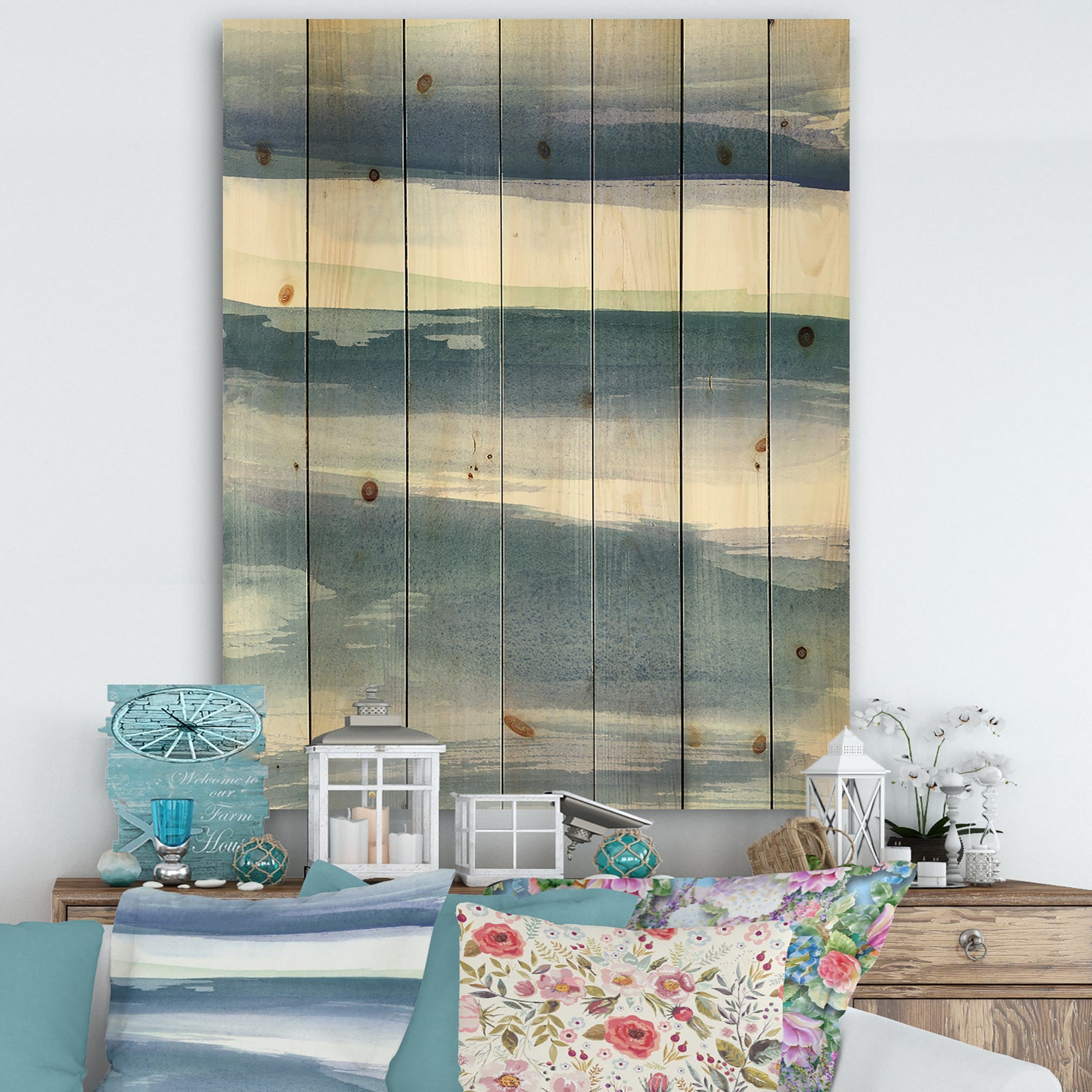 Mint Indigo Dawn III - Farmhouse Print on Natural Pine Wood