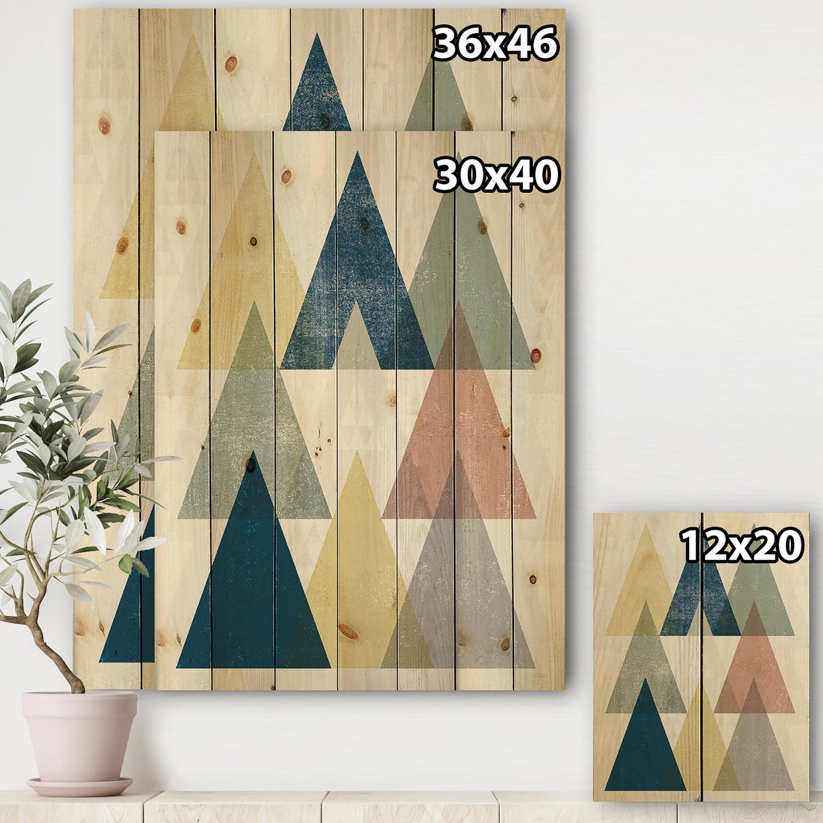 Geometrical Composition Triangles II - Modern & Transitional Print on Natural Pine Wood
