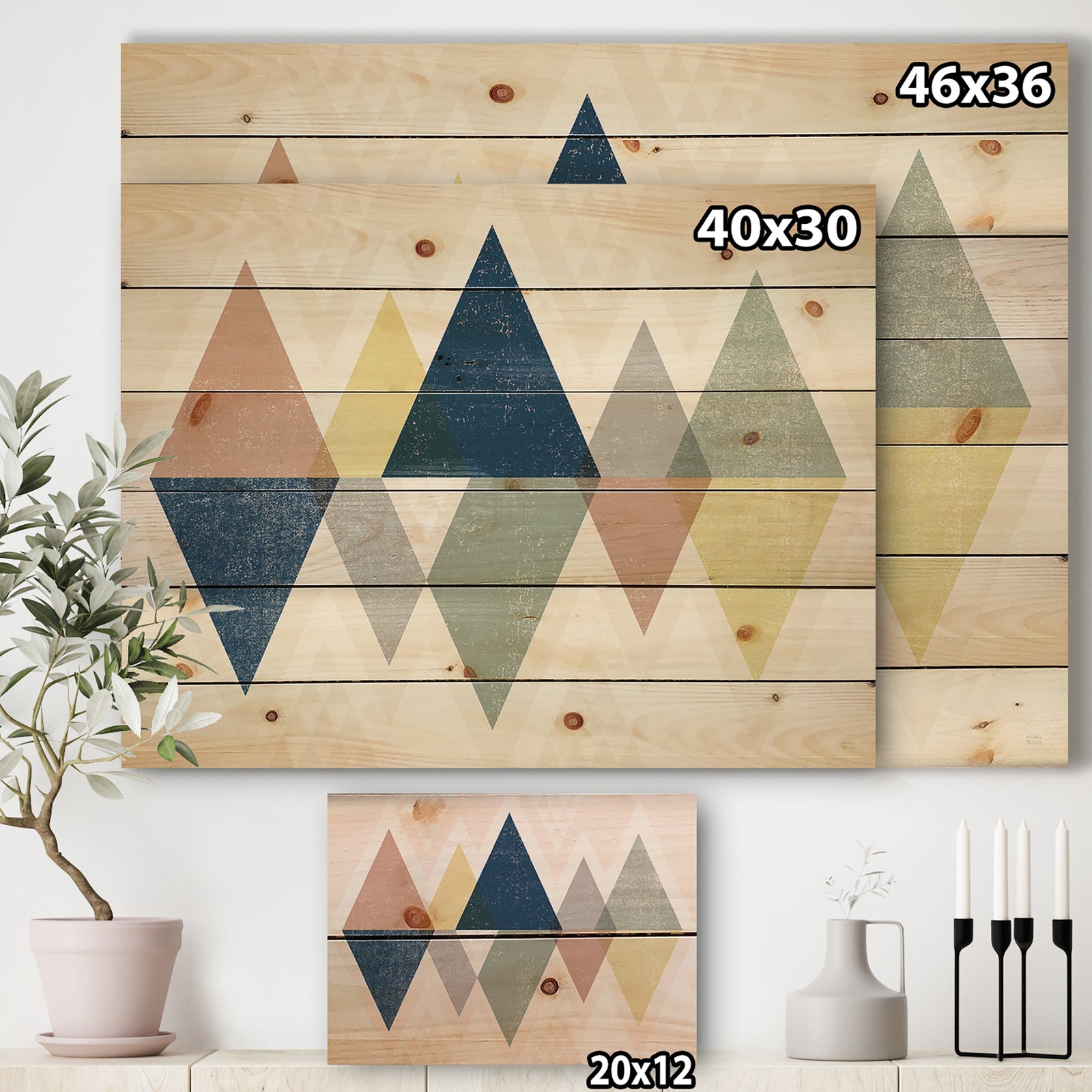 Geometrical Composition Triangles III - Modern & Transitional Print on Natural Pine Wood
