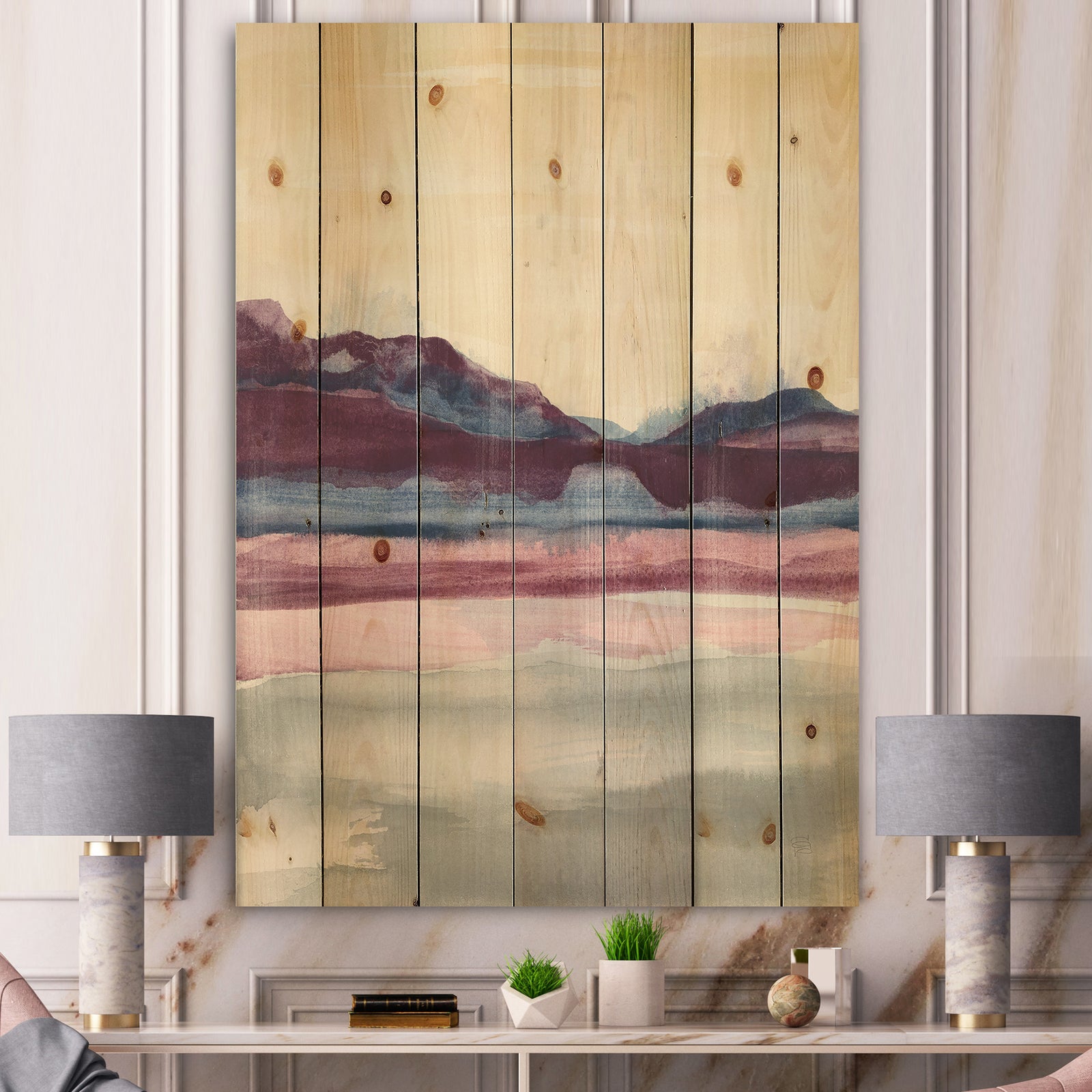 Shabby Watercolor on Purple I - Shabby Chic Print on Natural Pine Wood