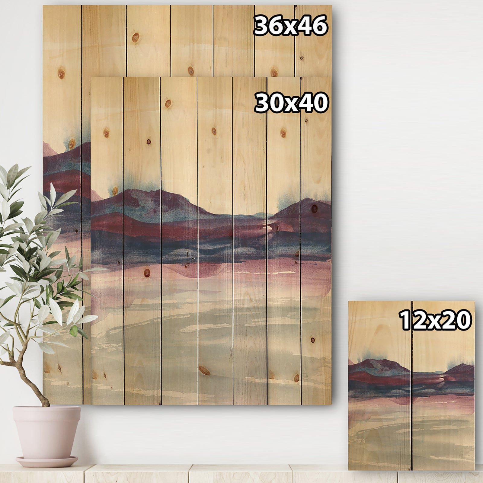 Shabby Watercolor on Purple II - Shabby Chic Print on Natural Pine Wood