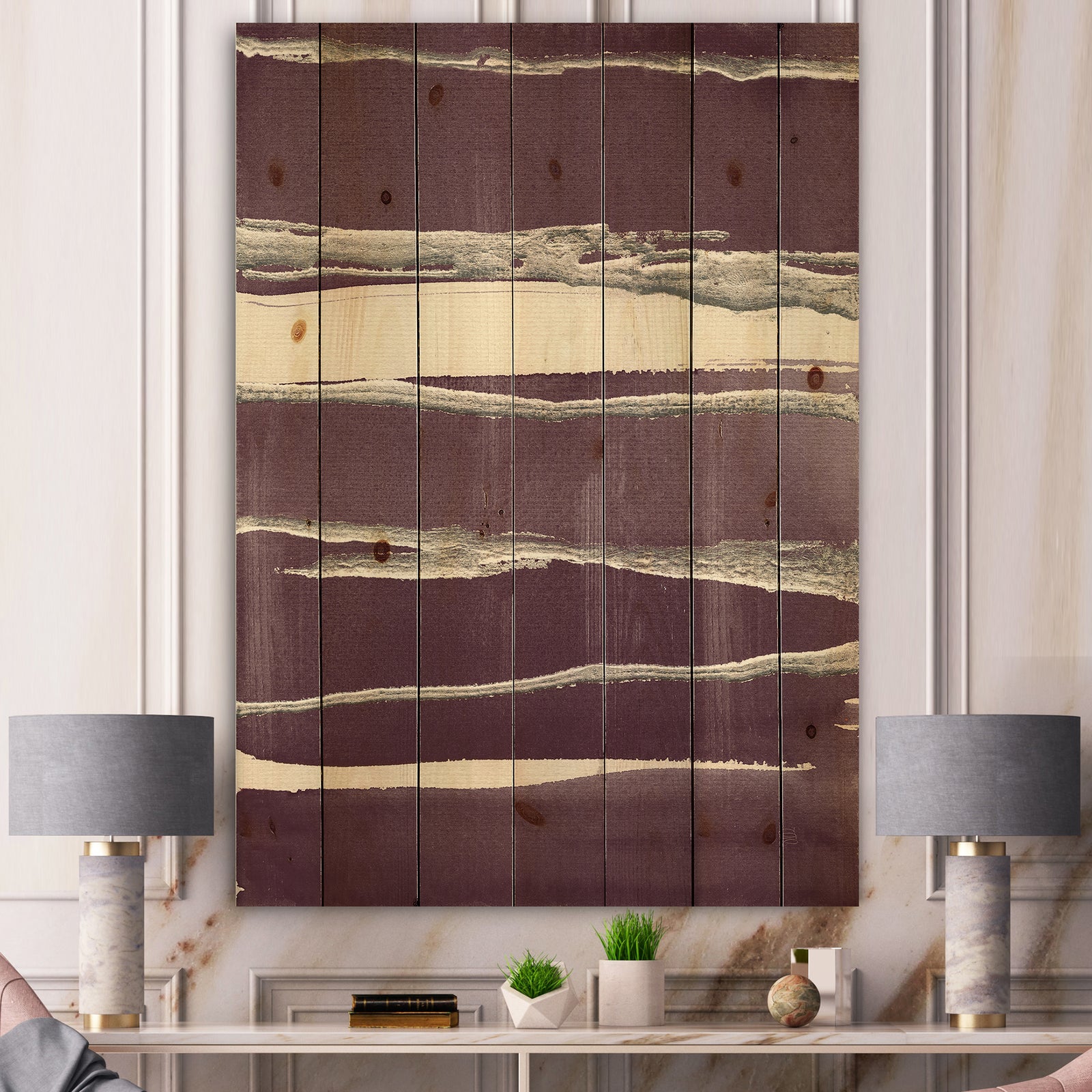 Shabby Watercolor on Purple III - Shabby Chic Print on Natural Pine Wood
