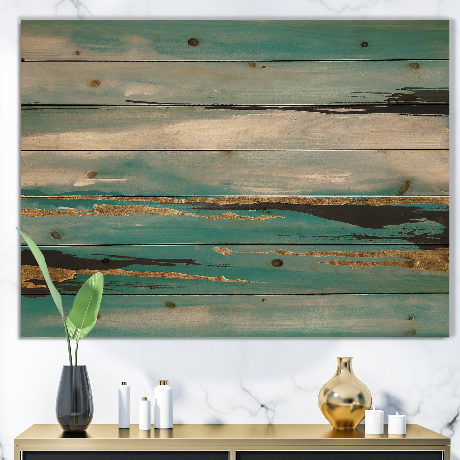 Glam Teal Watercolor I - Modern & Contemporary Print on Natural Pine Wood