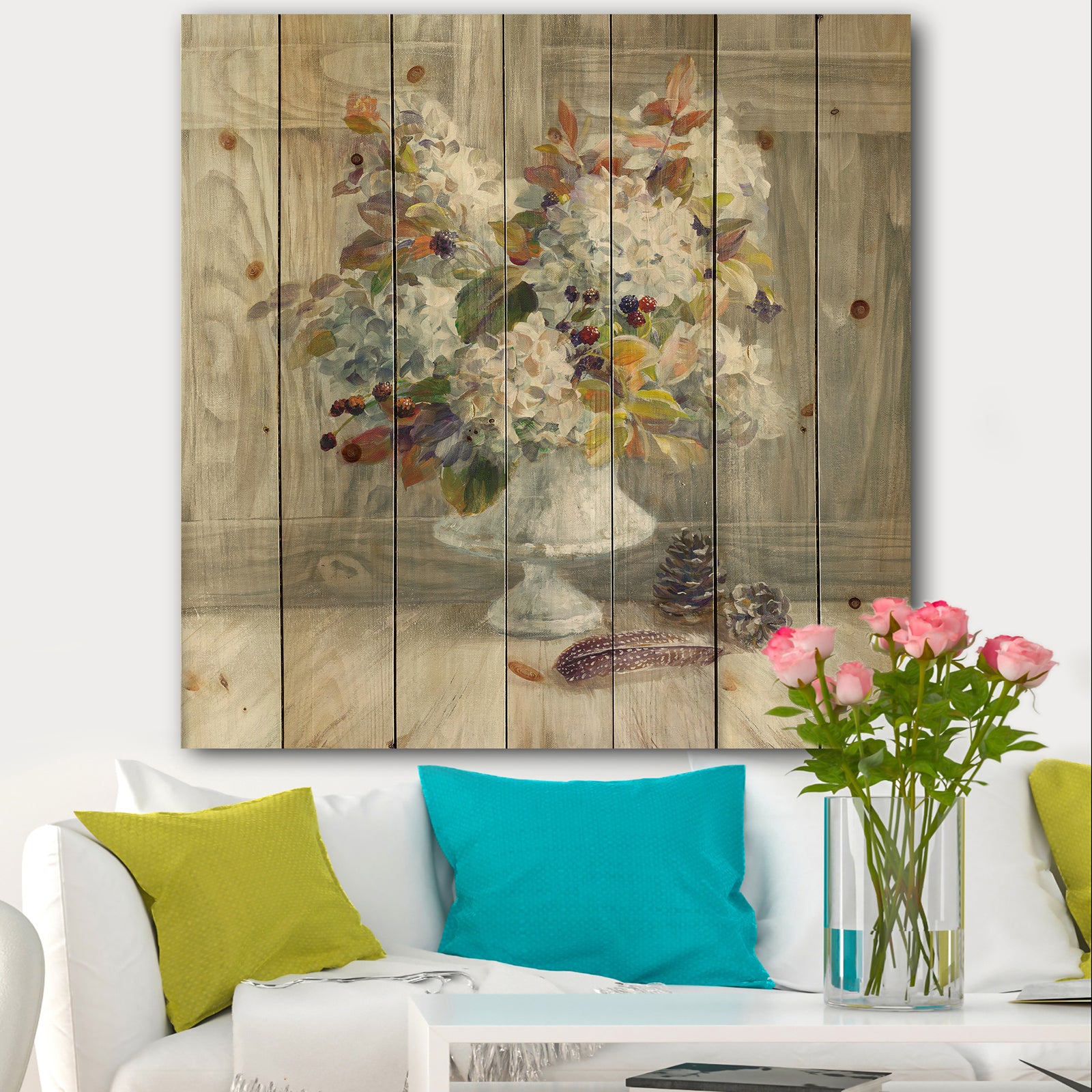 Rustic Florals White - Cabin & Lodge Print on Natural Pine Wood