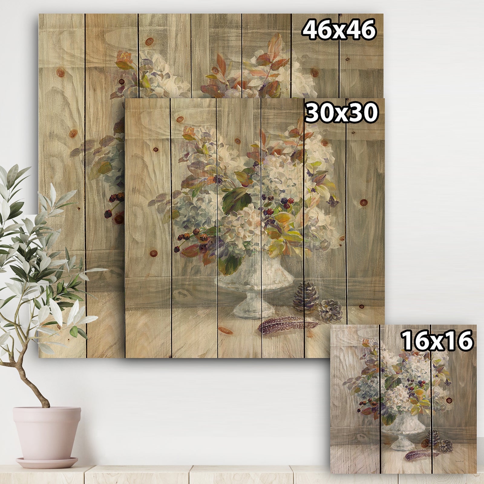 Rustic Florals White - Cabin & Lodge Print on Natural Pine Wood