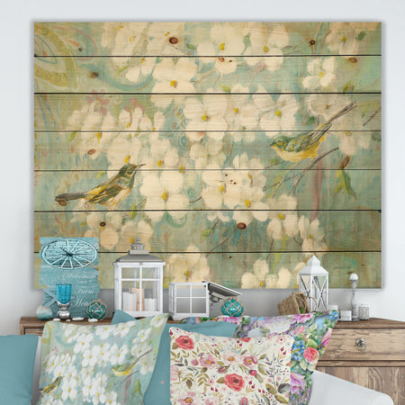 Birds on Blossom - Traditional Print on Natural Pine Wood