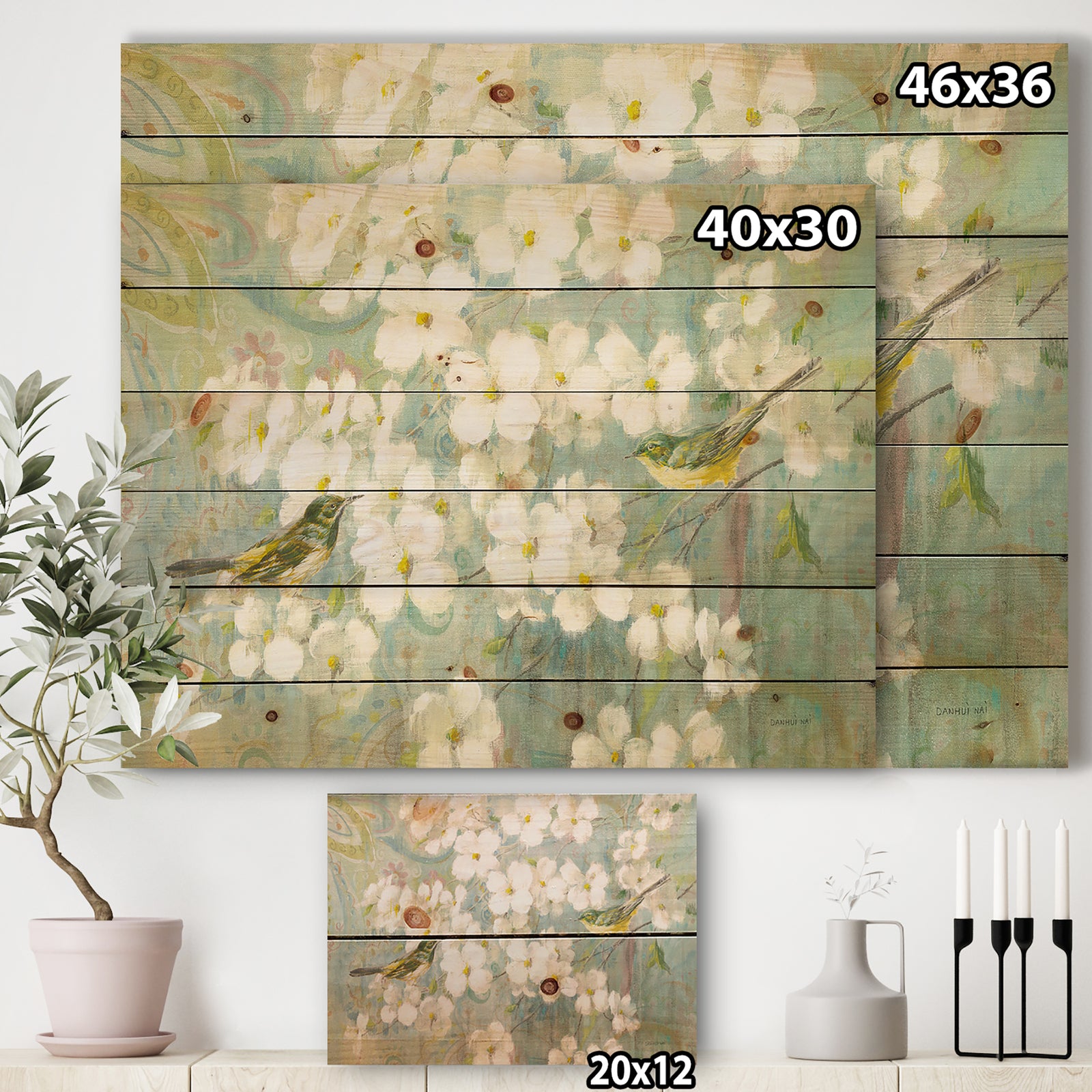 Birds on Blossom - Traditional Print on Natural Pine Wood