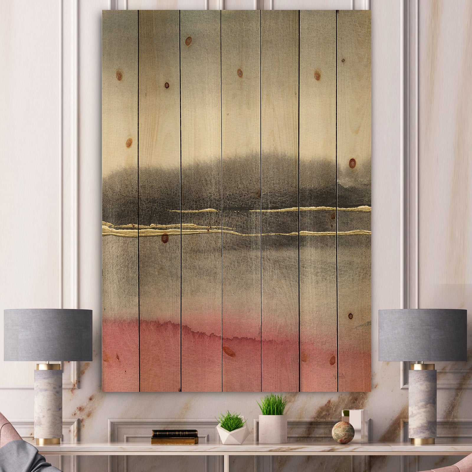 Pink Shabby Storm II - Shabby Chic Print on Natural Pine Wood