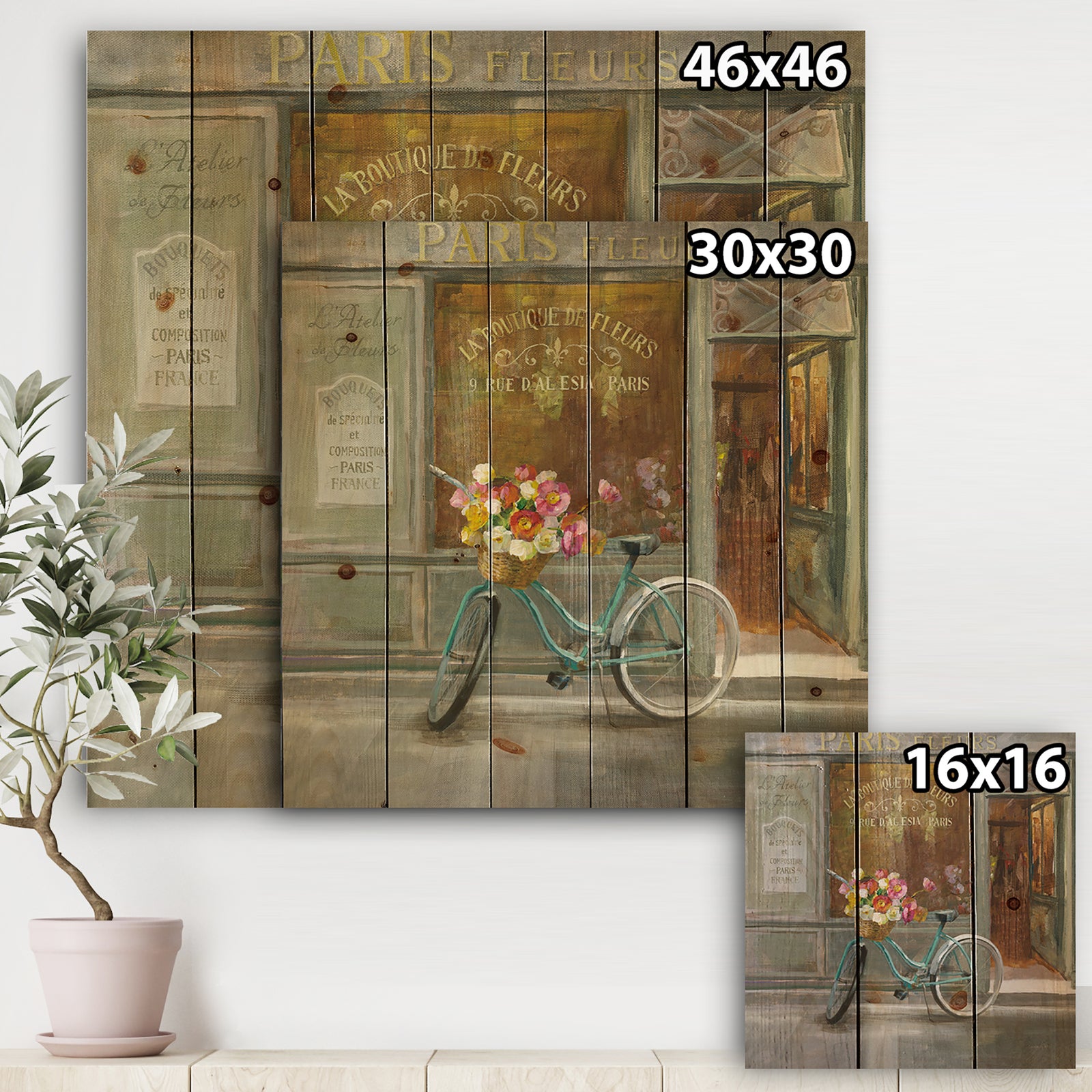 Paris French Flowershop - Traditional Print on Natural Pine Wood