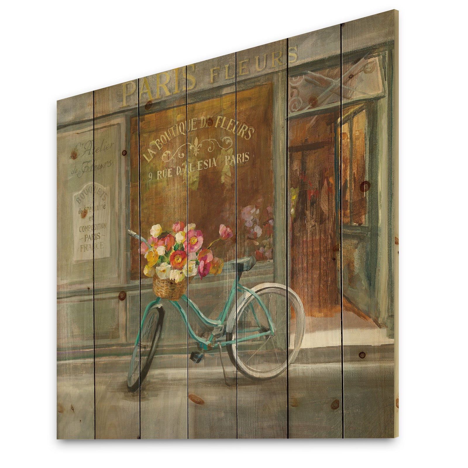 Paris French Flowershop - Traditional Print on Natural Pine Wood