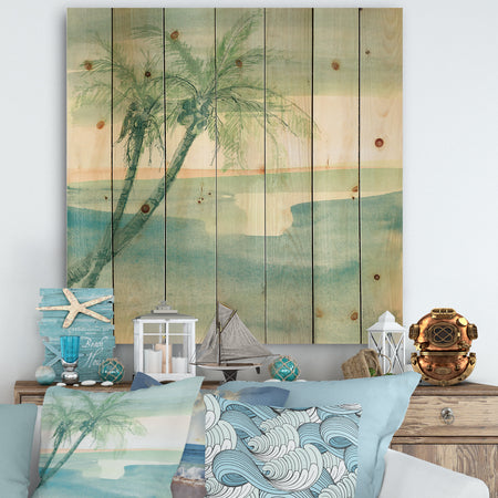 Peaceful Dusk I Tropical - Tropical Print on Natural Pine Wood