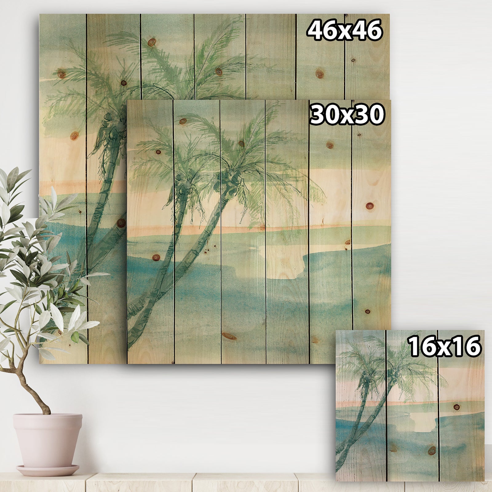 Peaceful Dusk I Tropical - Tropical Print on Natural Pine Wood